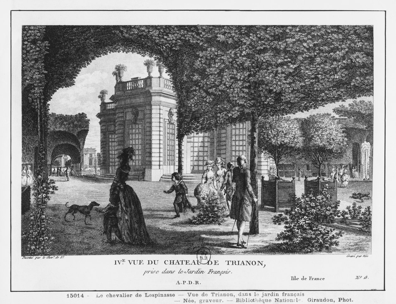 Vierte Ansicht von Trianon, aufgenommen im französischen Garten, graviert von Francois Denis Nee (1732-1817) von Louis Nicolas de Lespinasse