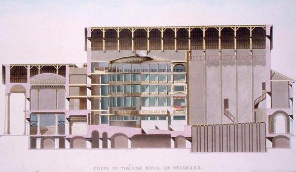 Querschnitt des Théâtre Royal, Brüssel, aus Choix des Monuments, Edifices et Maisons les plus remarquables du Royaume des Pays-Bas von Pierre Jacques Goetghebuer, graviert vom Autor, veröffentlicht von Louis Damesme