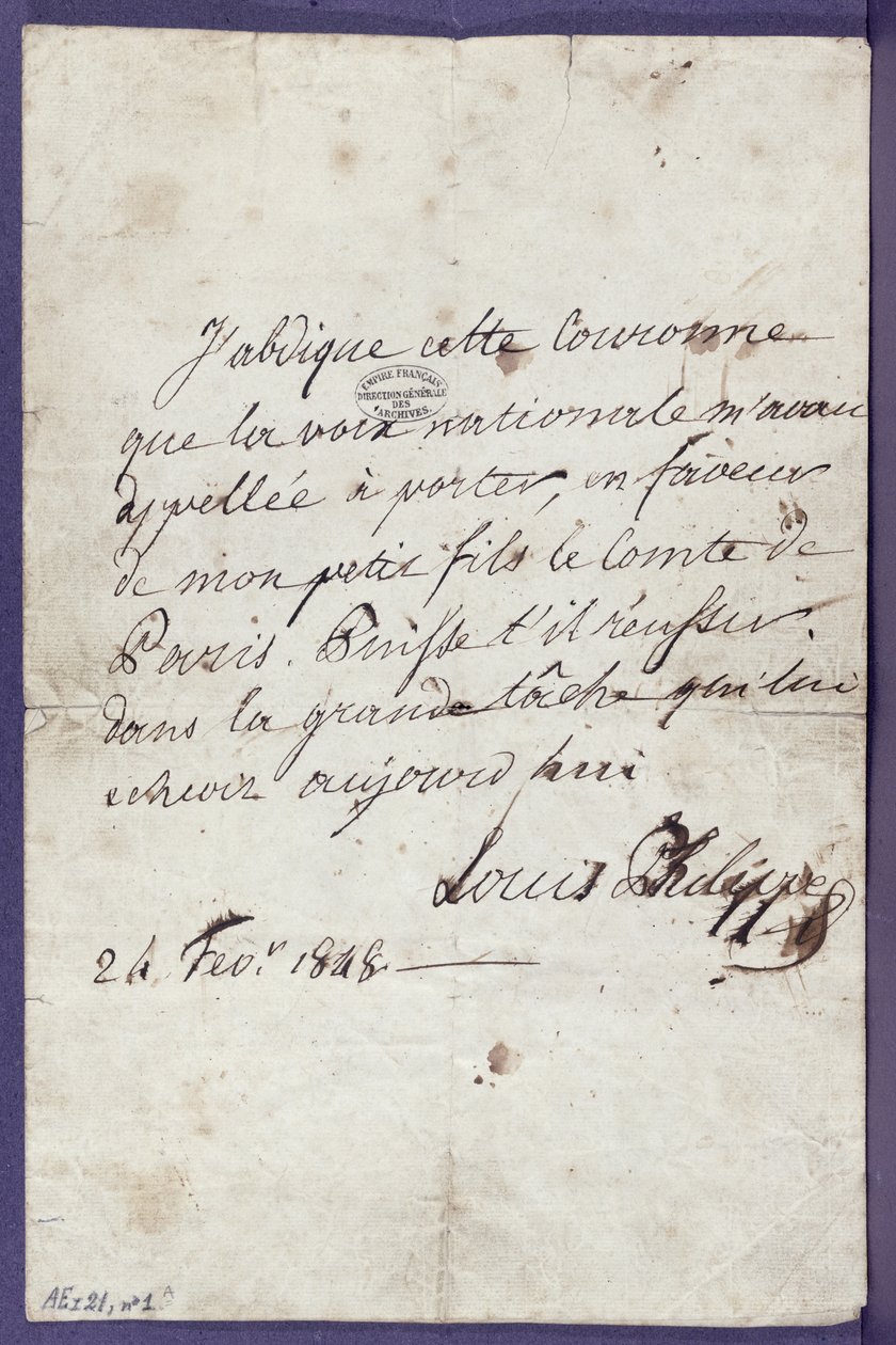 Abdankungsakt von Louis-Philippe (1773-1850) zugunsten seines Enkels, Louis-Philippe Albert d