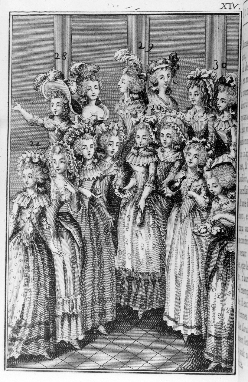 Illustration von Louis Binet (1744-1800) für das Buch von Nicolas Edme Restif de La Bretonne „Les Parisiennes, oder XL allgemeine Charaktere, die in den modernen Sitten genommen wurden, geeignet zur Belehrung der Personen des Geschlechts, aus den Memoiren  von Louis (after) Binet