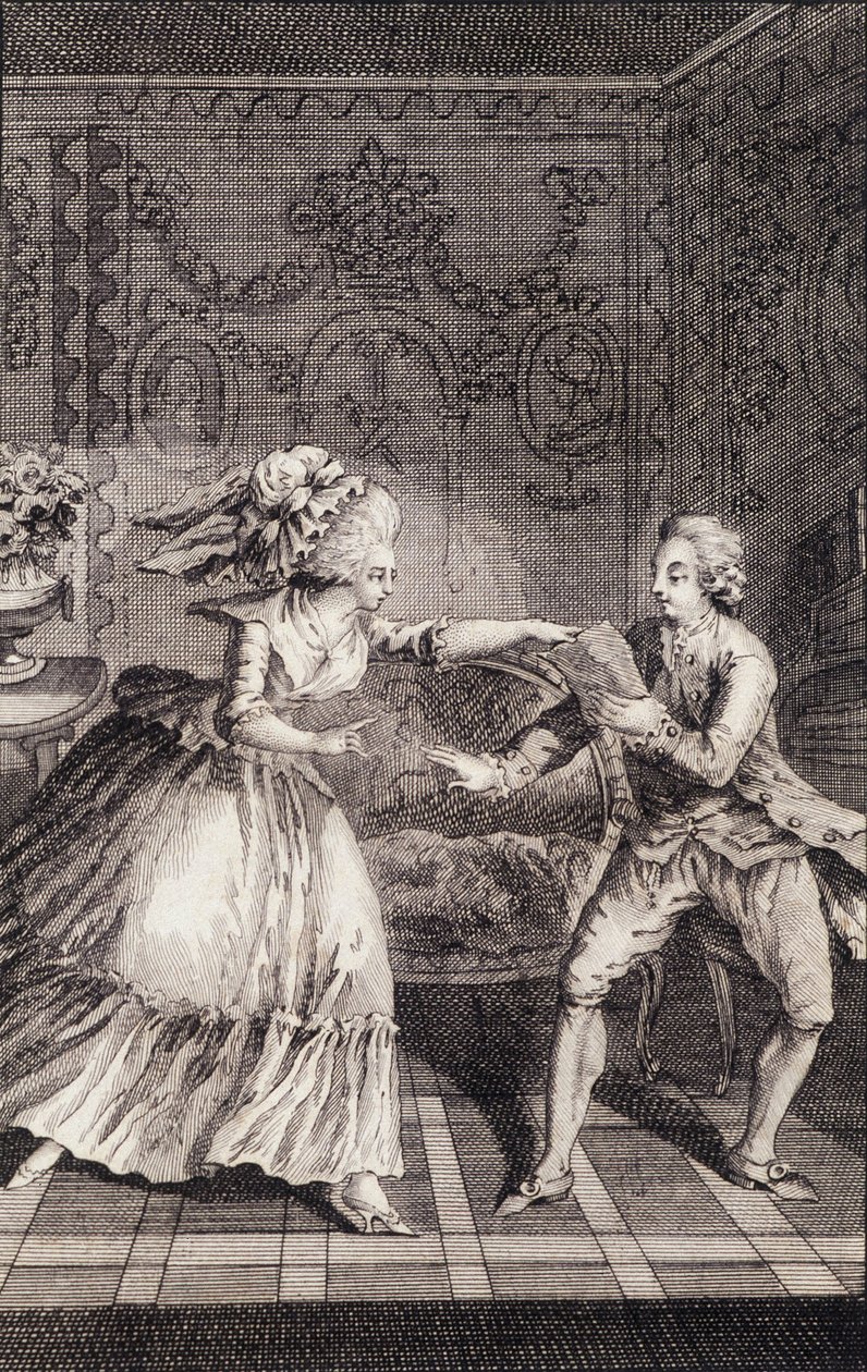 Der gestohlene Liebesbrief (Libertinage) - in „Die Französinnen oder 34 Beispiele aus den aktuellen Sitten, geeignet, Töchter, Frauen, Ehefrauen, Mütter zu führen“ von Restif de La Bretonne (1734-1806), ill. von Binet, Neufchatel von Louis (after) Binet