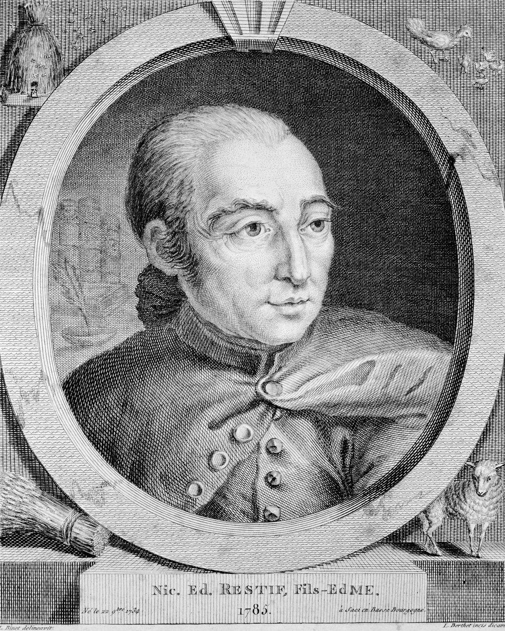 Porträt von Nicolas Edme Restif de La Bretonne (1734-1806) (auch Retif de La Bretone) - von Binet, Gravur von Louis (after) Binet