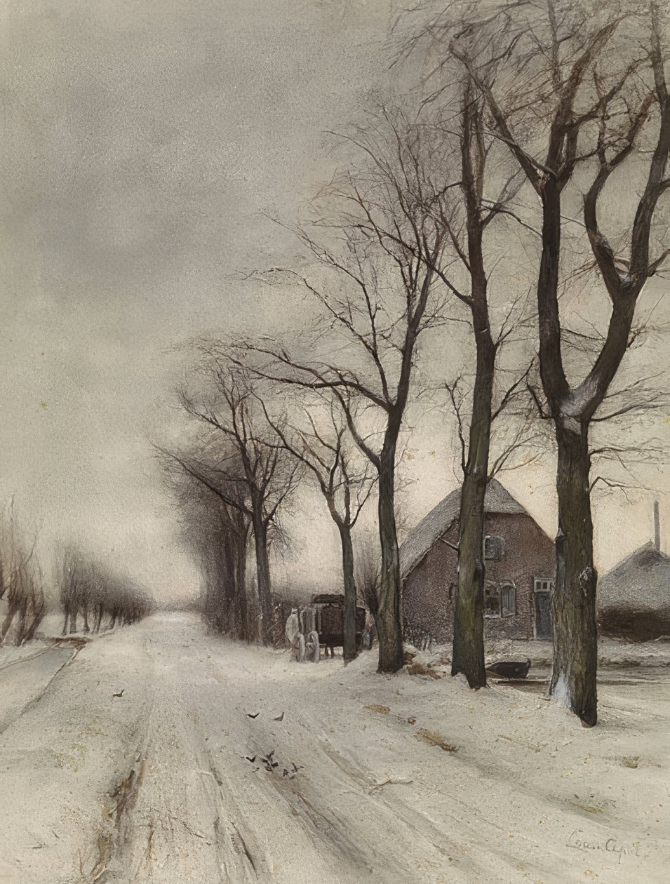 Winterlandschaft mit Bauernhof an einer Allee von Louis Apol
