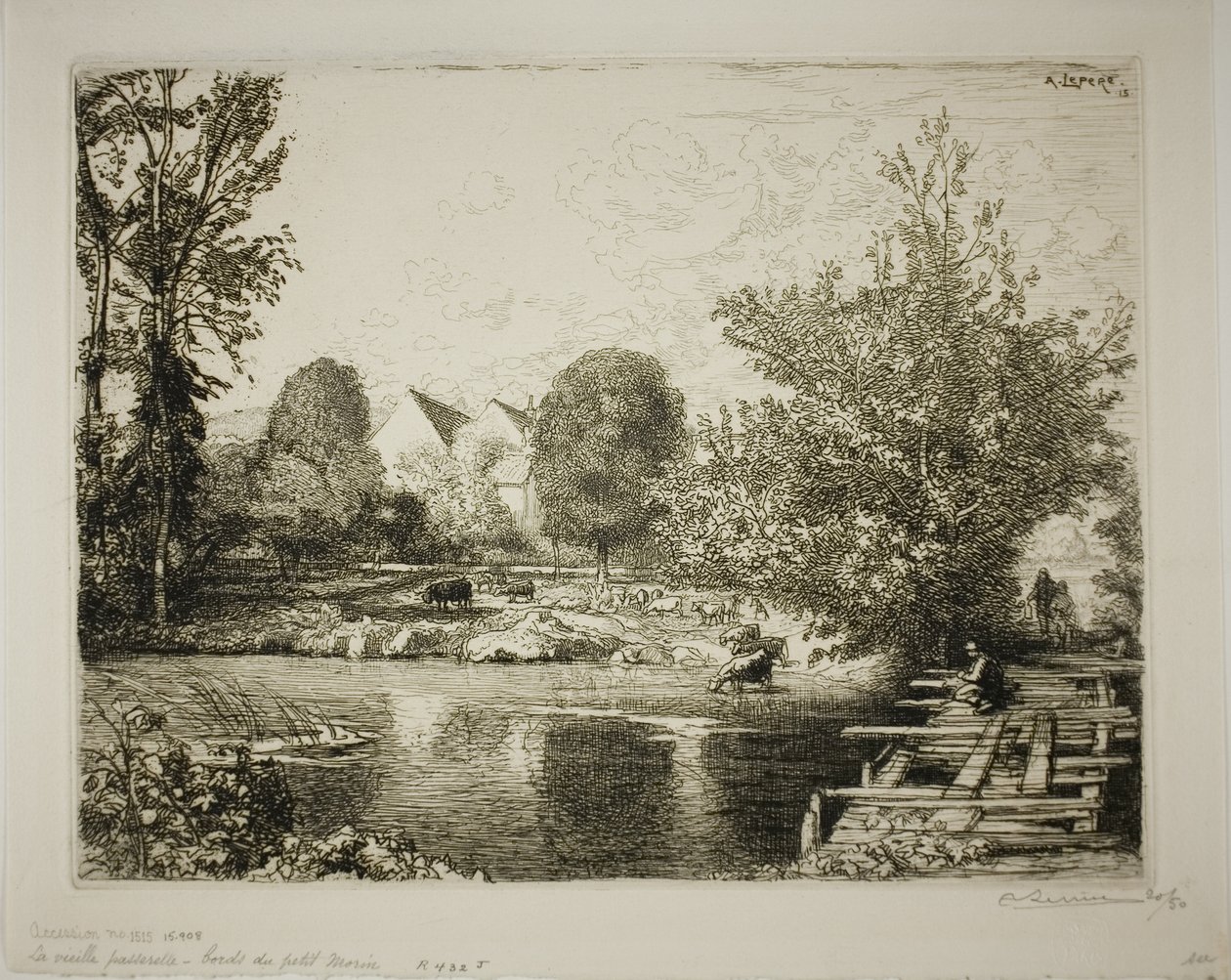 Die alte Fußgängerbrücke, Ufer des Petit Morin von Louis Auguste Lepère