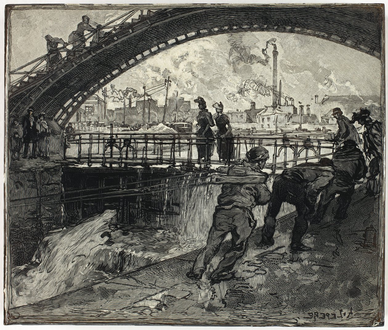 Holzschnitt für Schleuse des Canal Saint-Martin von Louis Auguste Lepère