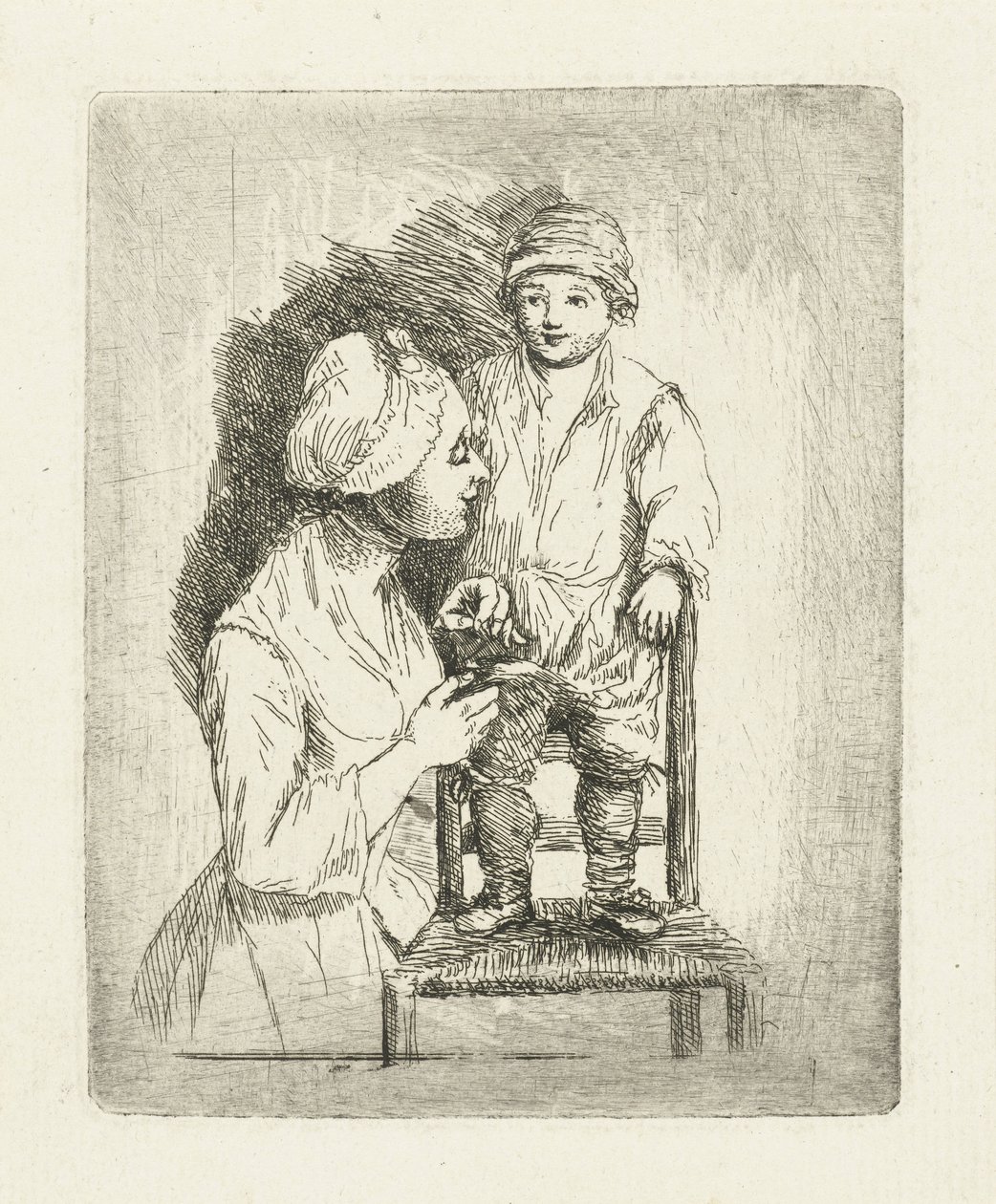 Eine Mutter näht einen Knopf an die Hose ihres Sohnes von Louis Bernard Coclers
