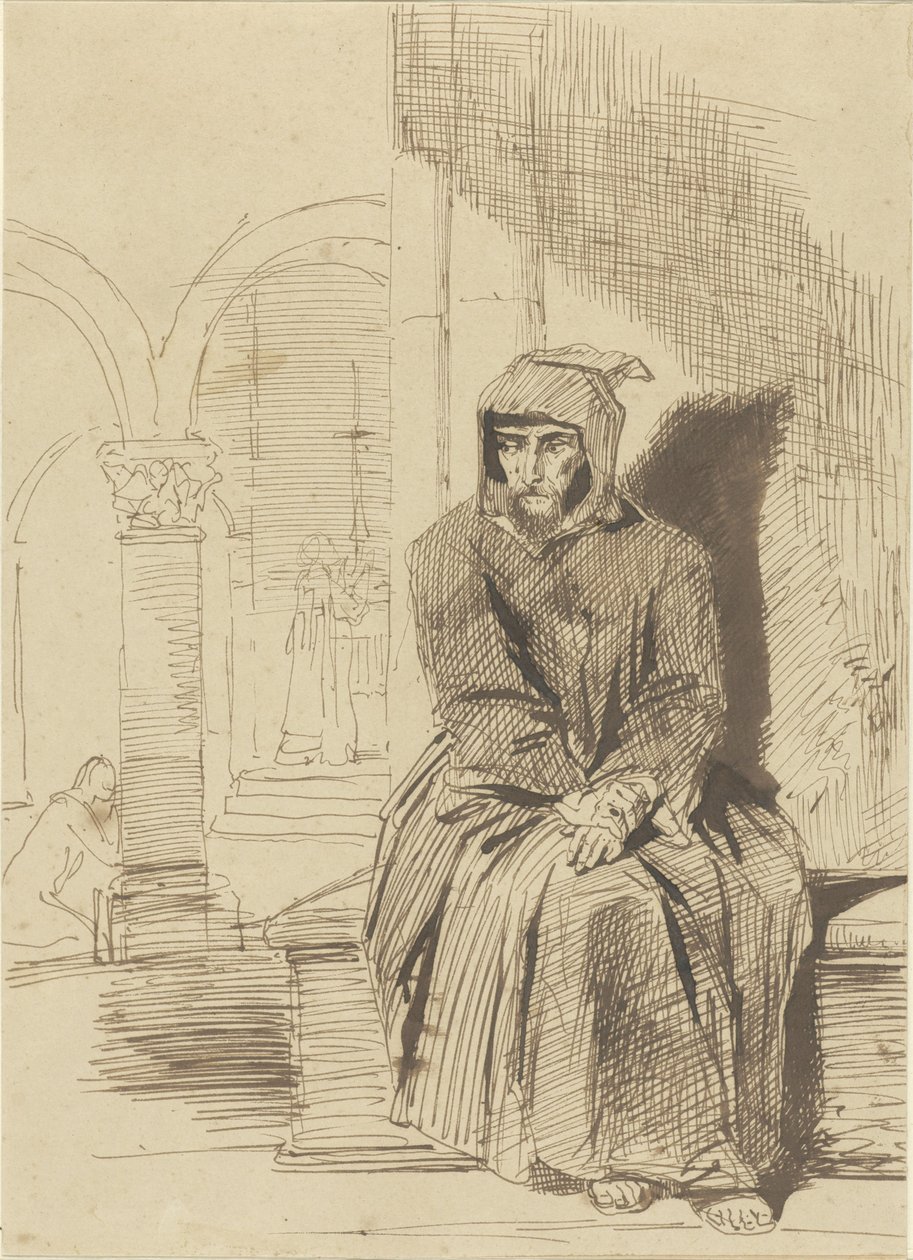 Sitzender Mönch in Meditation, während im Hintergrund die Messe gefeiert wird von Louis Boulanger