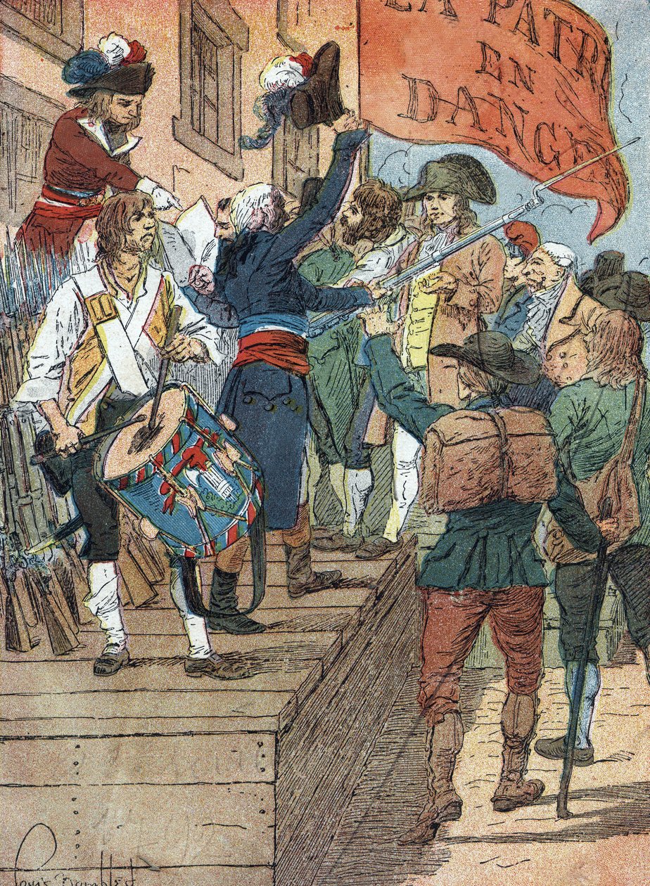 Französische Revolutionskriege: Freiwillige Einberufungen nach den Niederlagen Frankreichs im Krieg zwischen revolutionärem Frankreich und konterrevolutionären Monarchien, die französische Versammlung proklamiert die Gefahr für das Vaterland, 22. Juli 1792 von Louis Charles Bombled