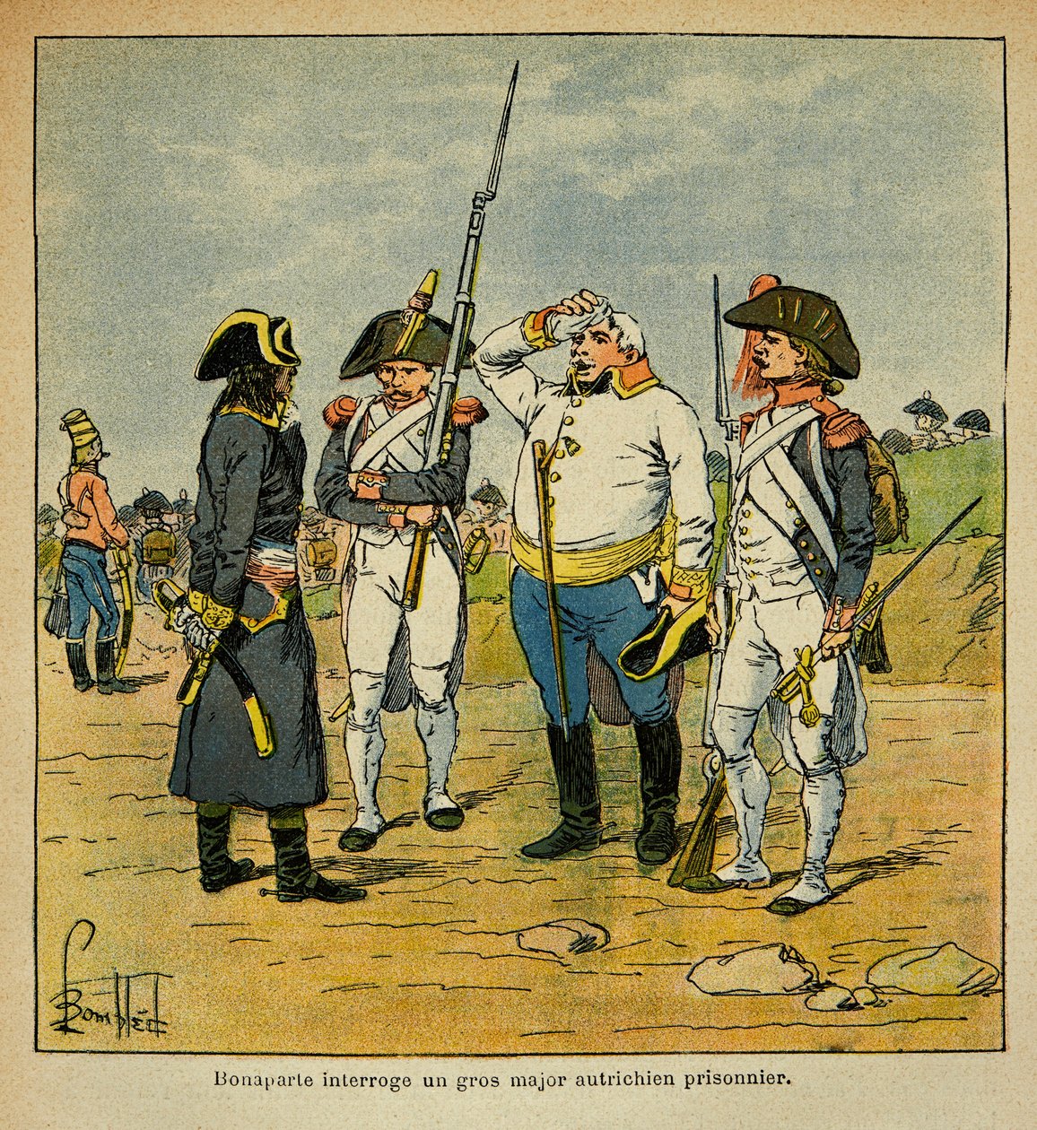 Illustration von Louis Bombled aus dem Buch von Graf Emmanuel de Las Cases: Während des Italienfeldzugs verhört Bonaparte einen österreichischen Gefangenen von Louis Charles Bombled