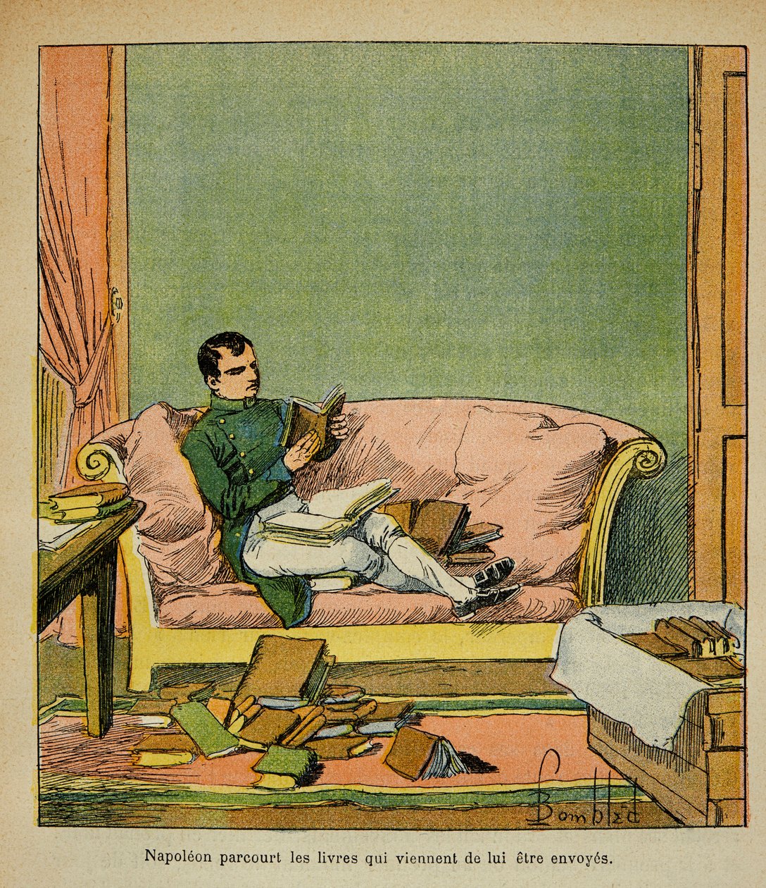Illustration aus dem Buch „The Memorial of Saint Helene“ von Graf Emmanuel de Las Cases: Kaiser Napoleon durchstöbert die Bücher, die gerade nach St. Helene geschickt wurden von Louis Charles Bombled