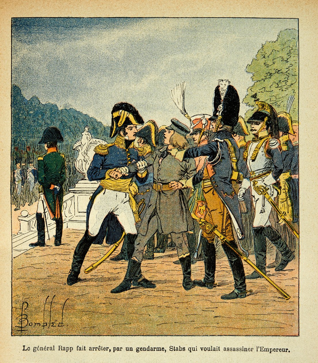 General Rapp verhaftet, durch einen Gendarmen, den jungen Stabs, der Kaiser Napoleon ermorden wollte, aus dem Buch „The Memorial of Saint Helene“ von Graf Emmanuel de Las Cases von Louis Charles Bombled