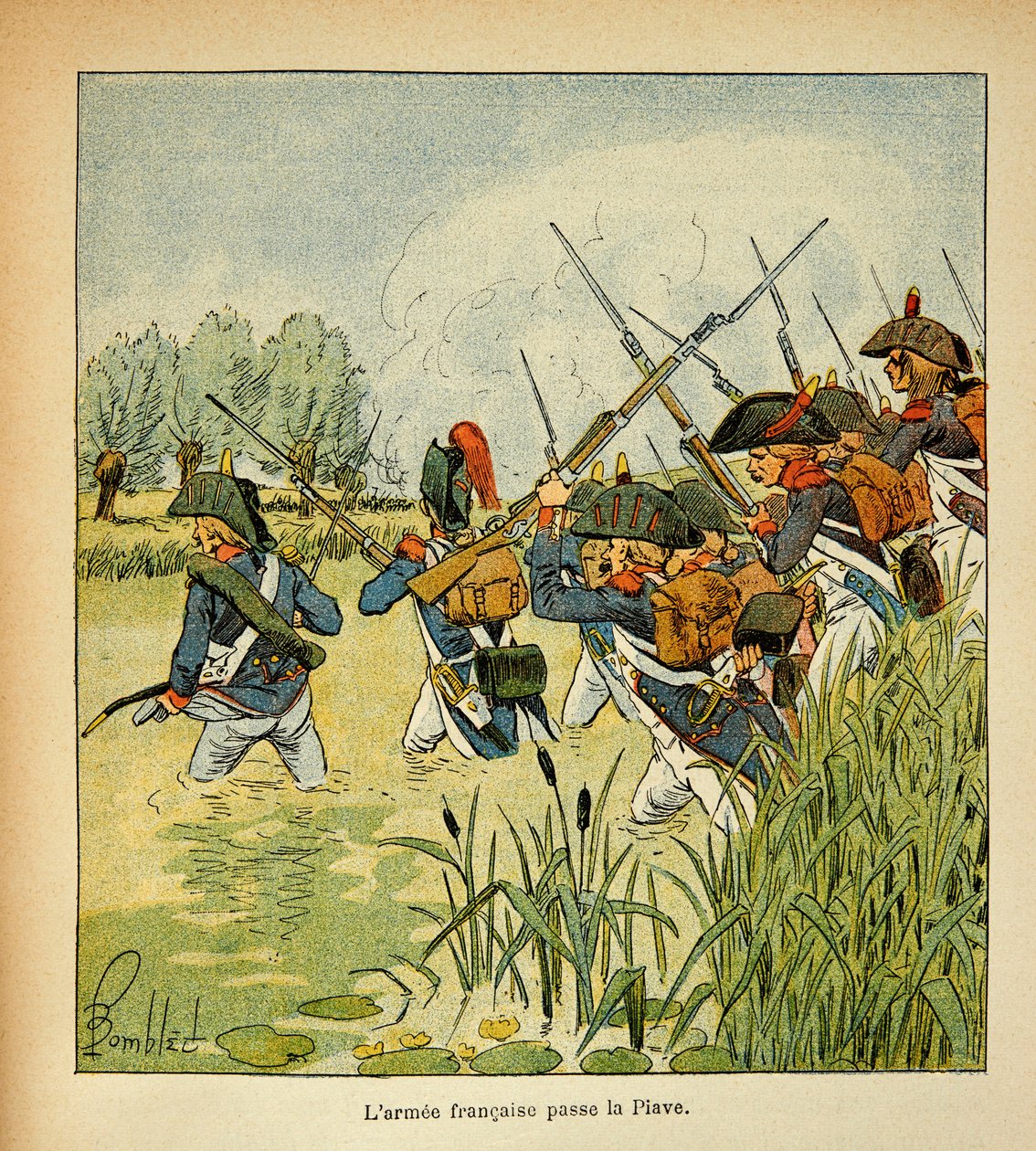 Illustration von Louis Bombled (1862-1927) aus dem Buch „Das Memorial von Saint Helena“ von Graf Emmanuel de Las Cases (1766-1842): Die französische Armee überquert die Piave während des Italienfeldzugs, Privatbesitz von Louis Charles Bombled