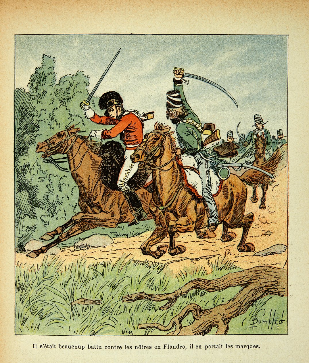 Illustration von Louis Bombled aus dem Buch „Das Memorial von Saint Helene“ von Graf Emmanuel de Las Cases: Kampf zwischen französischen und englischen Reitern von Louis Charles Bombled
