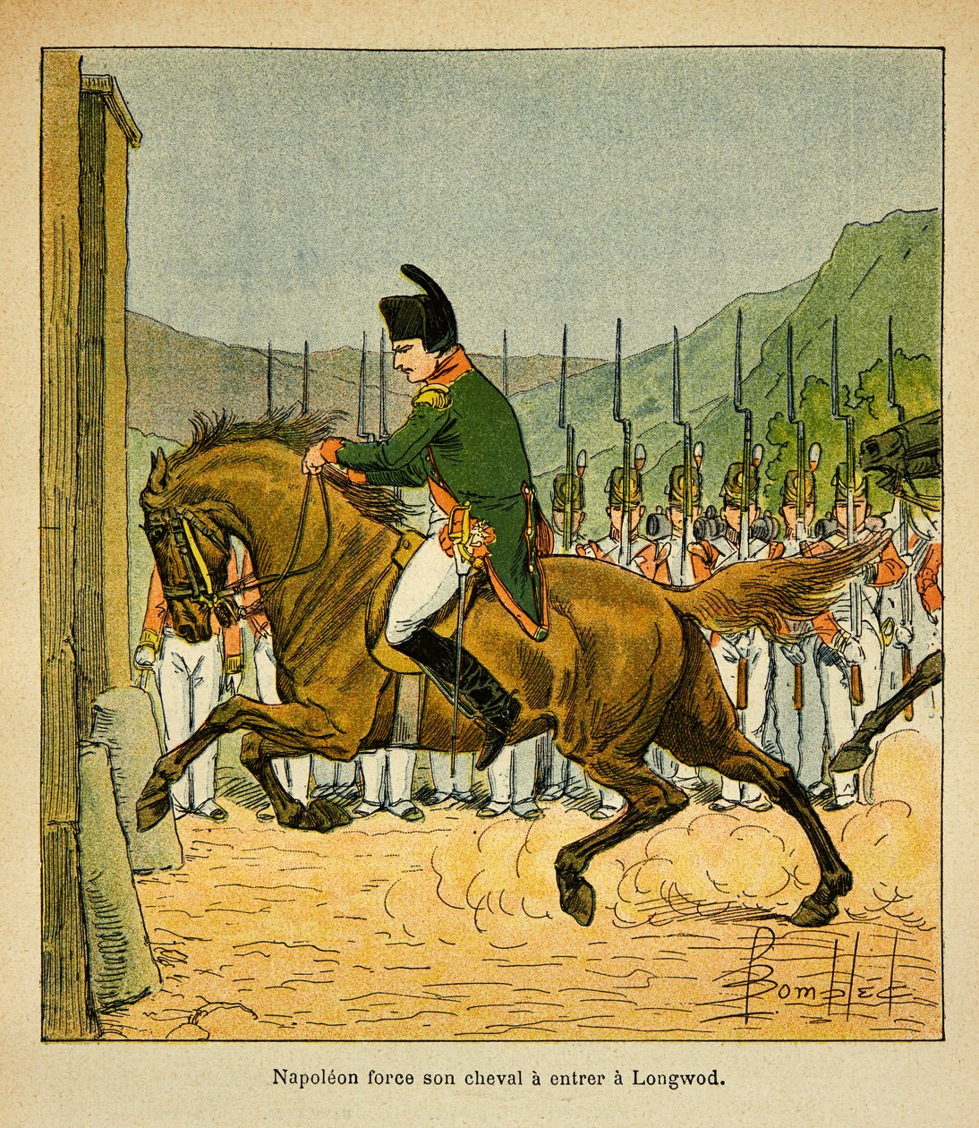 Illustration aus dem Buch „The Memorial of St. Helene“ von Graf Emmanuel de Las Cases: Kaiser Napoleon zwingt sein Pferd, Longwood auf St. Helene zu betreten von Louis Charles Bombled