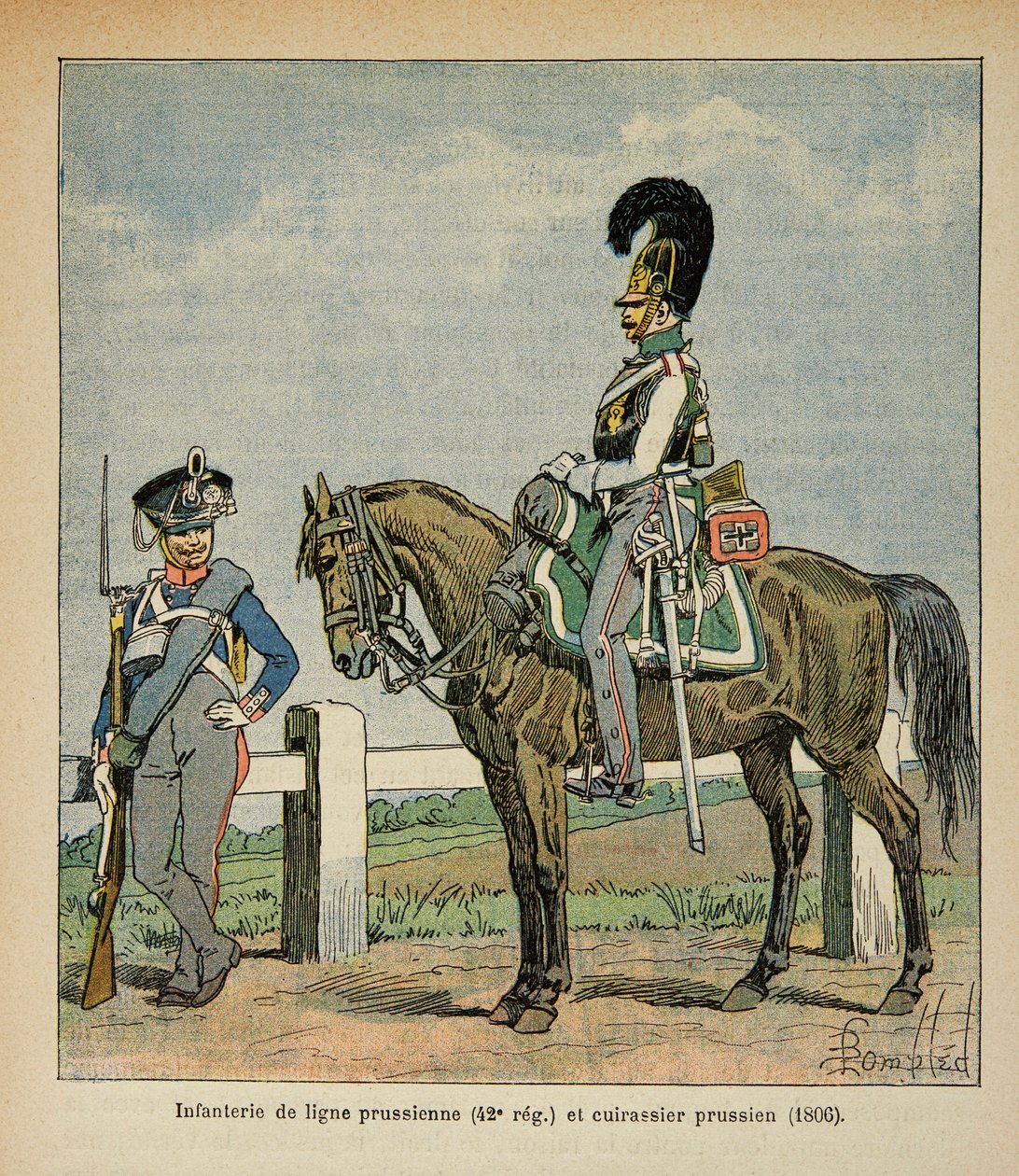 Illustration aus dem Buch „The Memorial of Saint Helene“ von Graf Emmanuel de Las Cases: Infanterie der preußischen Linie (42. Regiment) und preußische Schlachtschiffe von Louis Charles Bombled