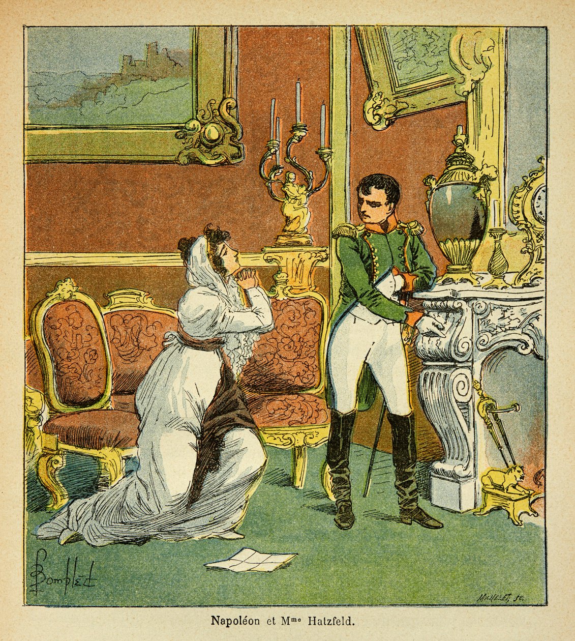 Illustration von Louis Bombled aus dem Buch „Das Memorial von Saint Helene“ von Graf Emmanuel de Las Cases: Gnade des Kaisers Napoleon gegenüber der Prinzessin von Hatzfeld, die um die Gnade für ihren Mann bittet von Louis Charles Bombled
