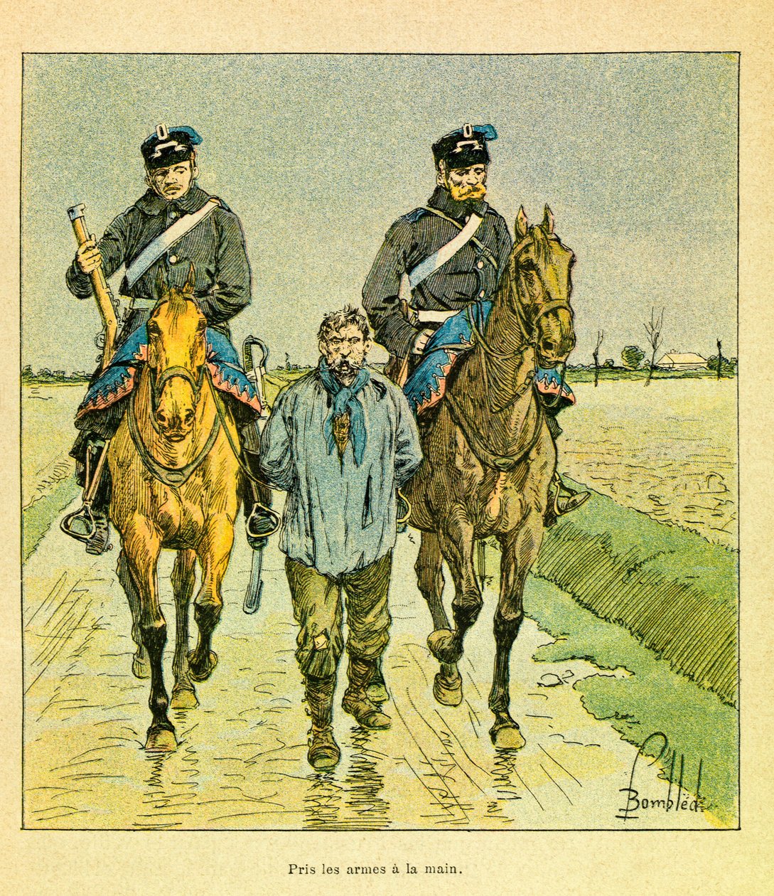 Die Armee des Ostens von Eugene Sergeant, genannt Grenest, illustriert von Louis Bombled (1862-1927) (Französisch-Deutscher Krieg; Feldzug von 1870-1871): Franc-Schütze nahm die Waffen in die Hand und wurde verhaftet, Sammlung von Louis Charles Bombled