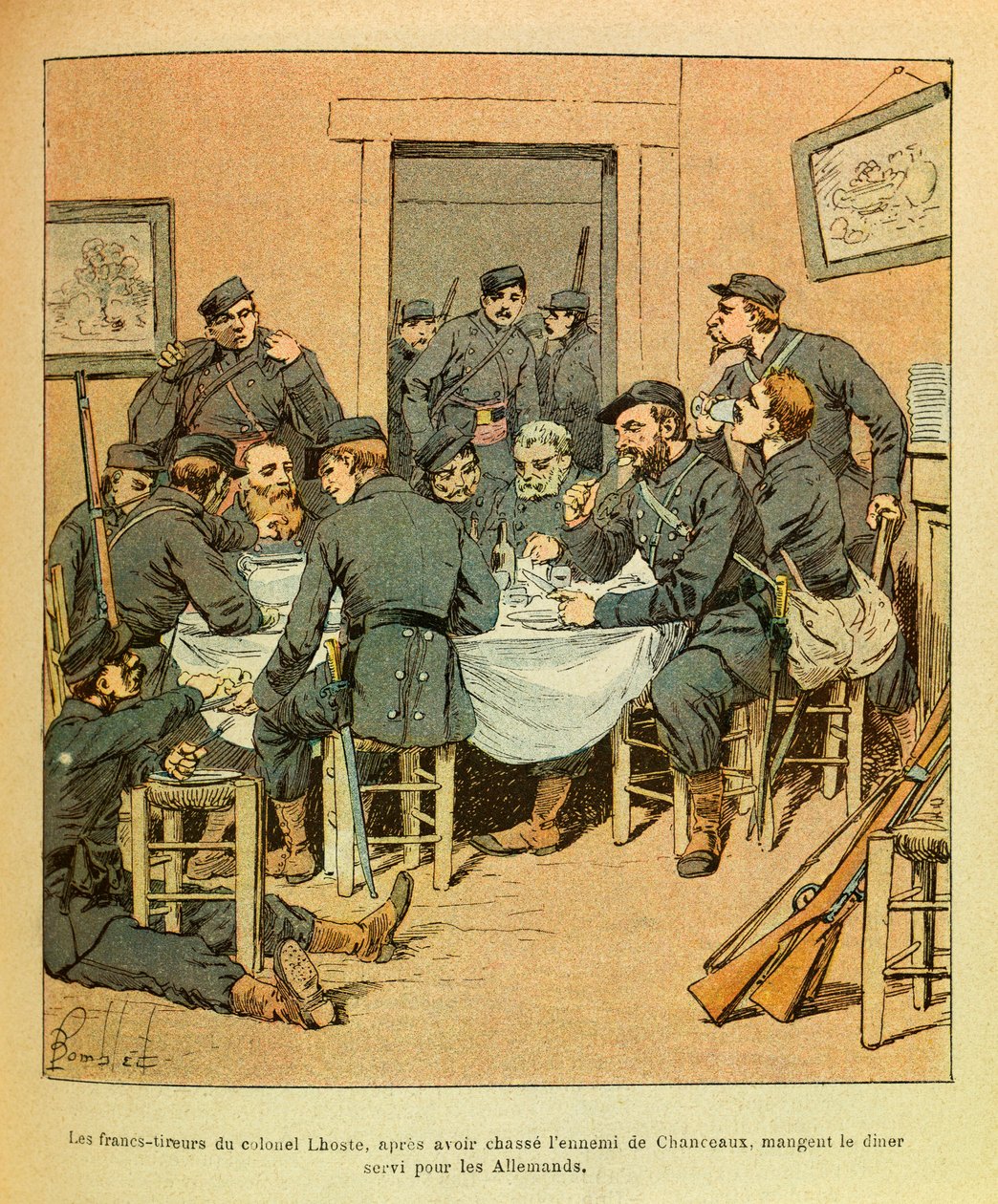 Die östliche Armee von Eugene Sergeant, genannt Grenest, illustriert von Louis Bombled (1862-1927) (Französisch-Deutscher Krieg; Feldzug von 1870-1871): Die Freischützen von Oberst Lhoste, nach der Vertreibung der Preußen aus Chanceaux essen ihr Abendessen von Louis Charles Bombled