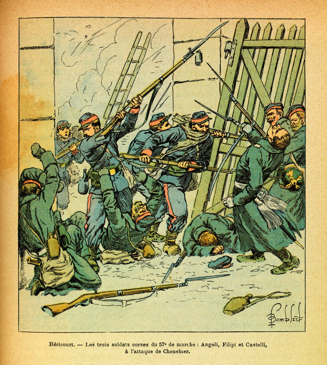 Die Ost-Armee von Eugene Sergeant, illustriert von Louis Bombled: Korsische Soldaten greifen das Dorf Chenebier an von Louis Charles Bombled