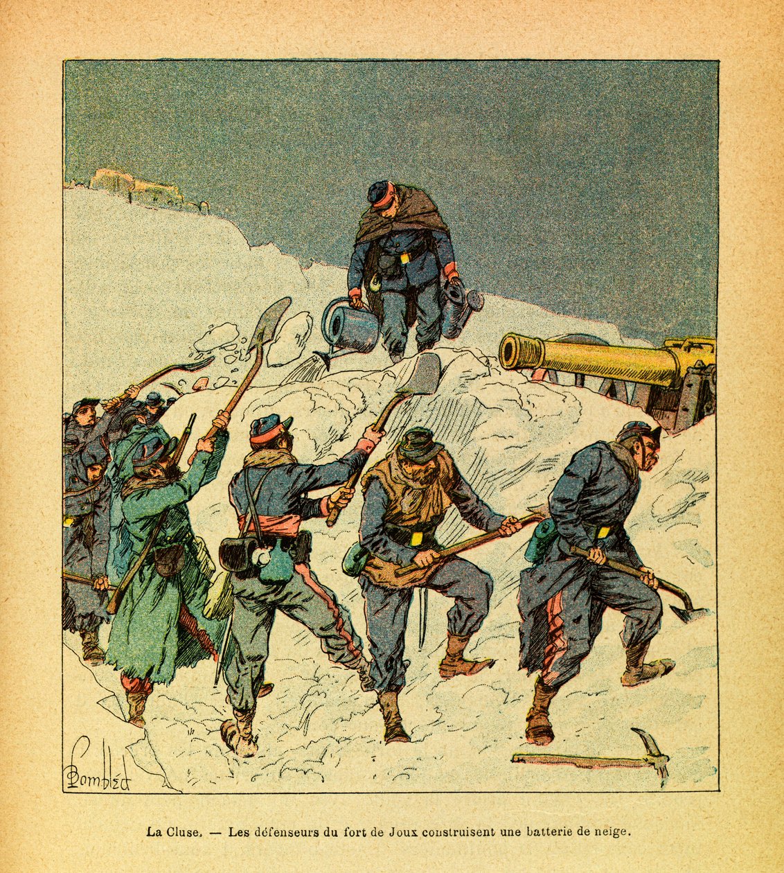 Die Armee des Ostens von Eugene Sergent, dit Grenest, illustriert von Louis Bombled (Deutsch-Französischer Krieg; Feldzug von 1870-1871): Februar 1871, La Cluse, die Verteidiger des Fort de Joux bauen eine Schneebatterie von Louis Charles Bombled