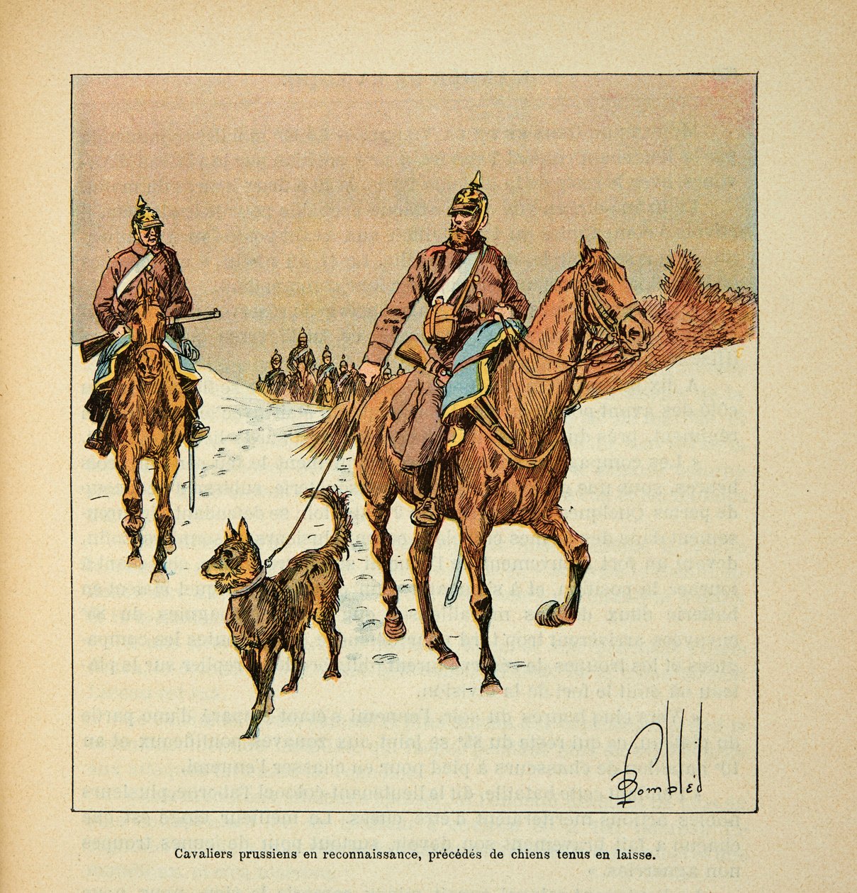 Die Armee der Loire von Eugene Sergent, illustriert von Louis Bombled (Deutsch-Französischer Krieg; Feldzug von 1870-1871): Preußische Reiter auf Erkundung, begleitet von Hunden an der Leine, Privatsammlung von Louis Charles Bombled