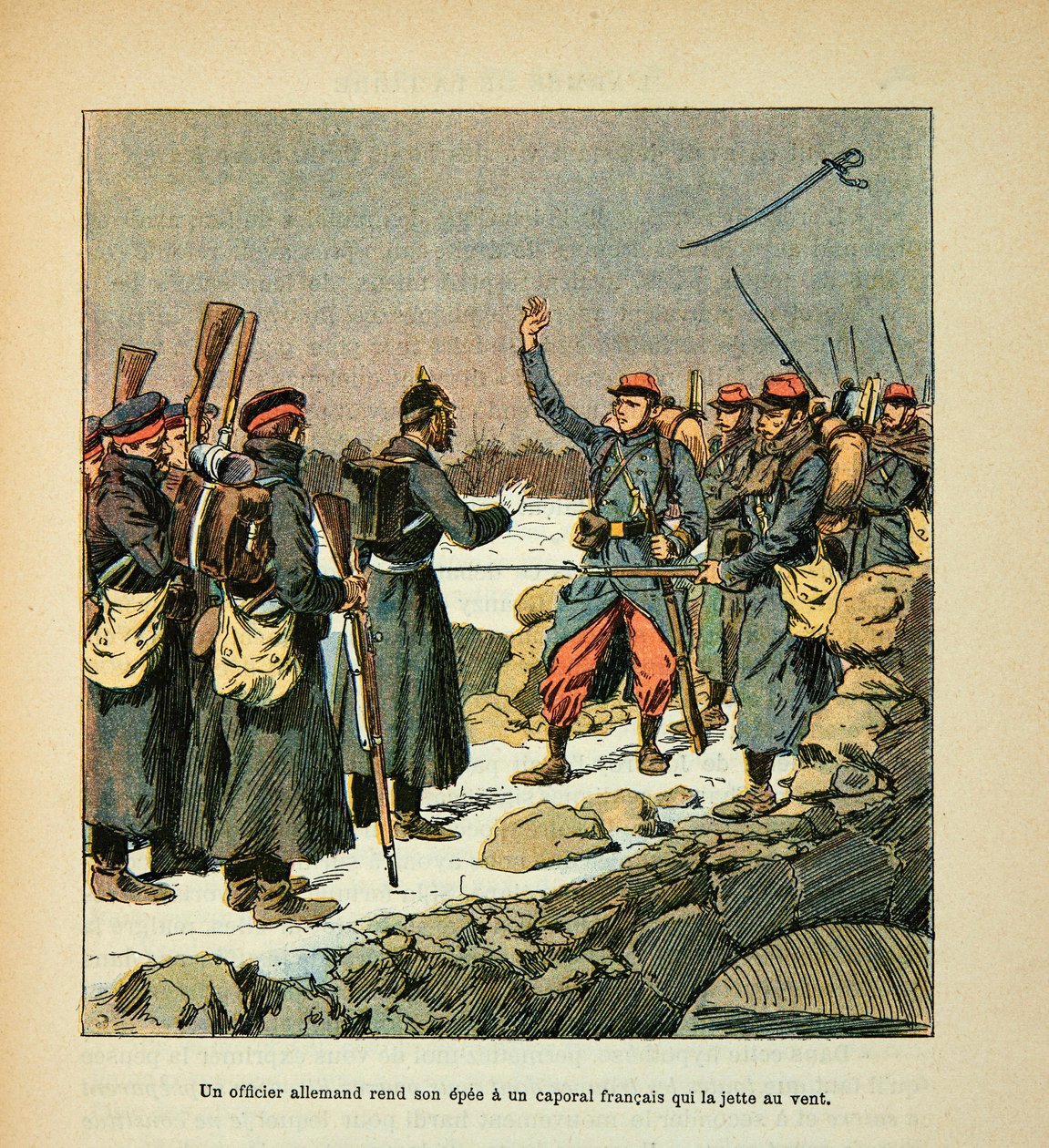 Die Armee der Loire von Eugene Sergent, genannt Grenest, illustriert von Louis Bombled (Französisch-Deutscher Krieg; Feldzug von 1870-1871): Ein deutscher Offizier übergibt sein Schwert einem französischen Korporal, der es in den Wind wirft von Louis Charles Bombled