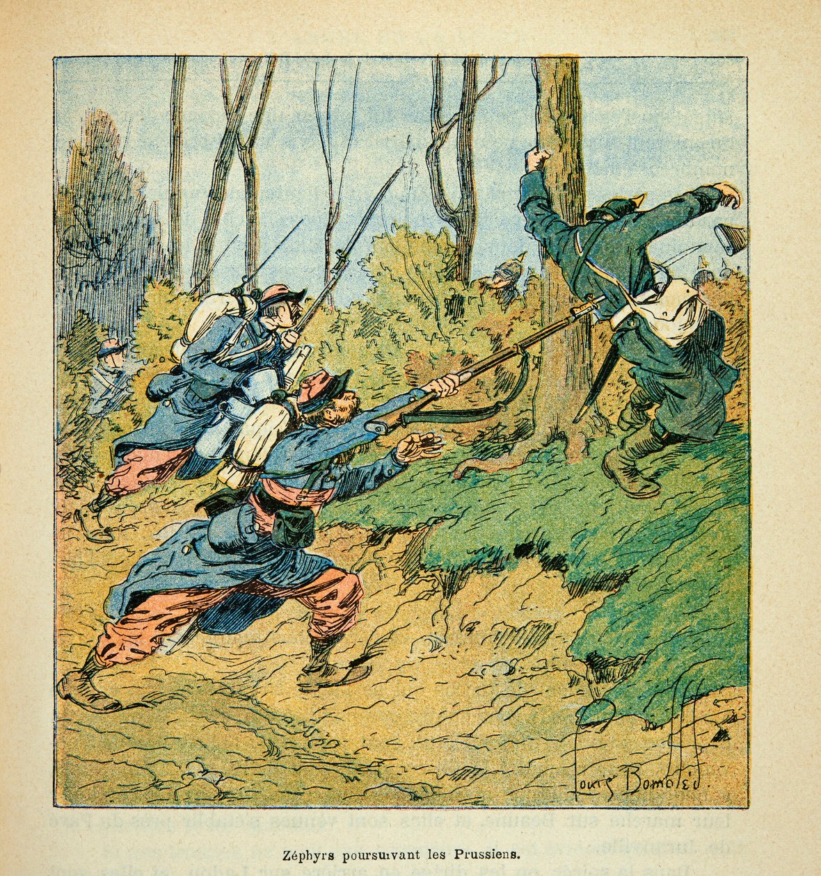 Die Armee der Loire von Eugene Sergent, genannt Grenest, illustriert von Louis Bombled (Französisch-Deutscher Krieg; Feldzug von 1870-1871): Französische Soldaten verfolgen Preußen während des Krieges von 1870 von Louis Charles Bombled