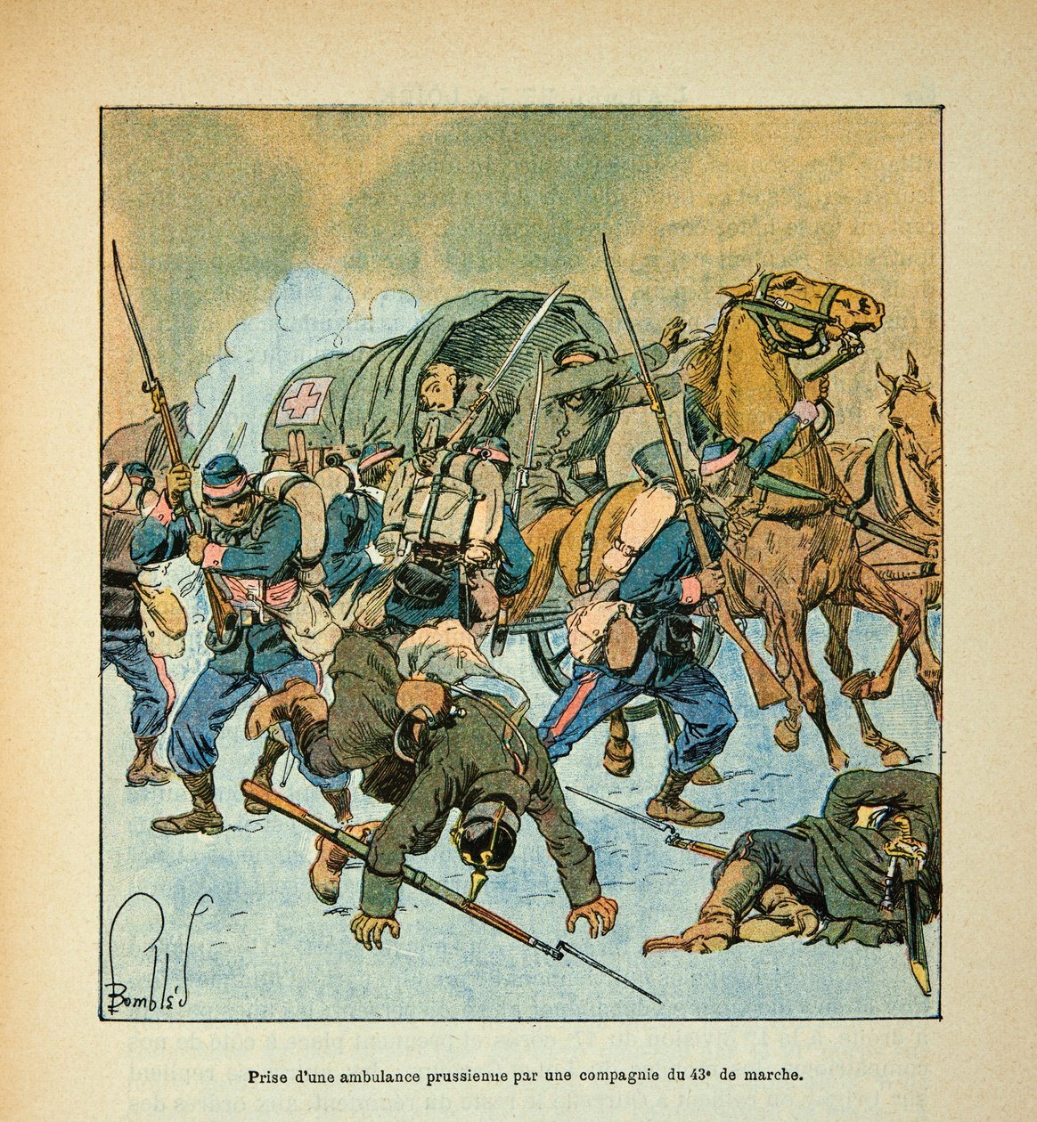 Die Armee der Loire von Eugene Sergent, dit Grenest, illustriert von Louis Bombled (Deutsch-Französischer Krieg; Feldzug von 1870-1871): Einnahme eines preußischen Krankenwagens durch eine Kompanie des 43. Marsches von Louis Charles Bombled