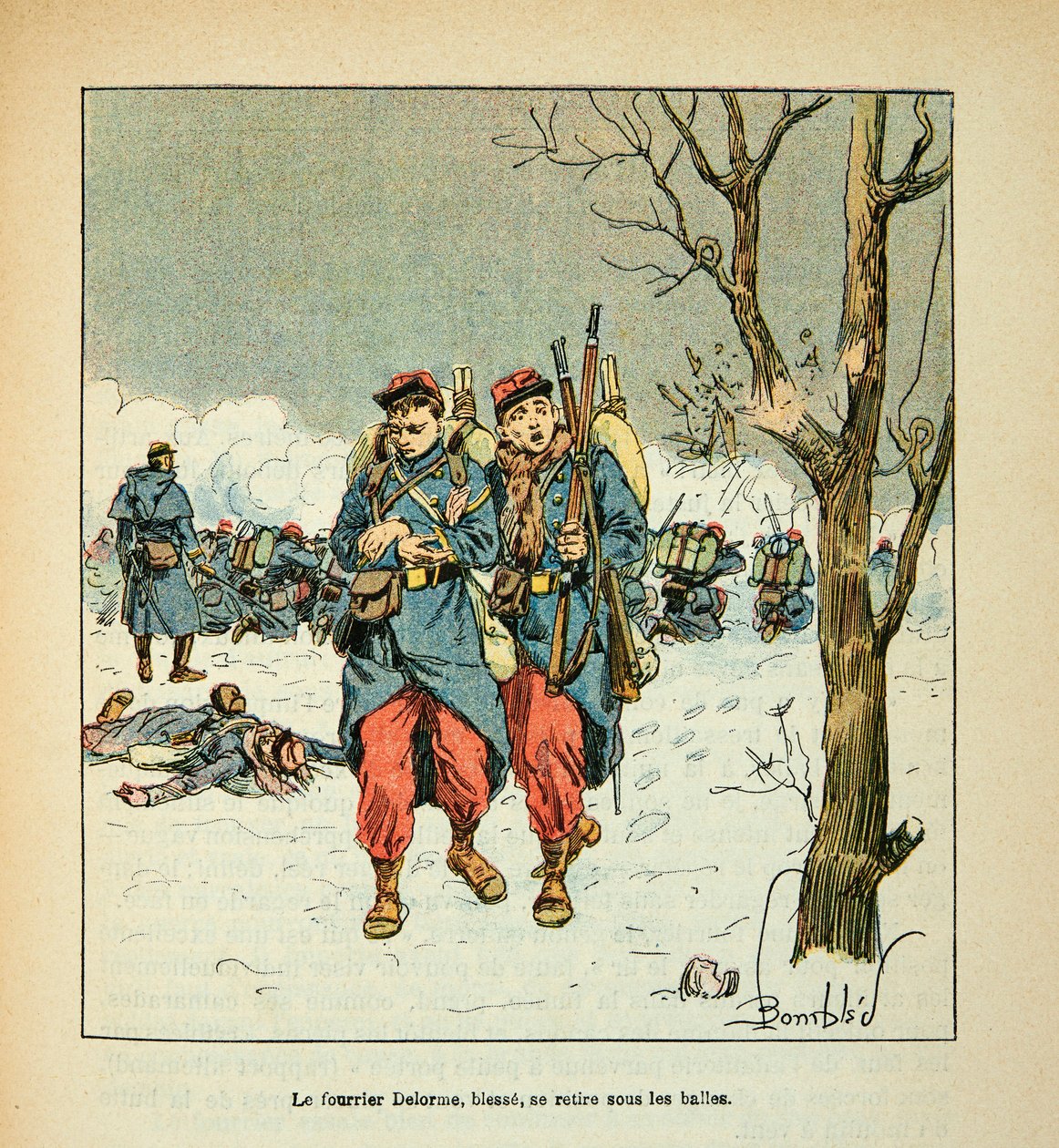 Die Armee der Loire von Eugene Sergent, dit Grenest, illustriert von Louis Bombled (Deutsch-Französischer Krieg; Feldzug von 1870-1871): Der Delorme-Hahn, Wunden ziehen sich unter den Kugeln zurück von Louis Charles Bombled
