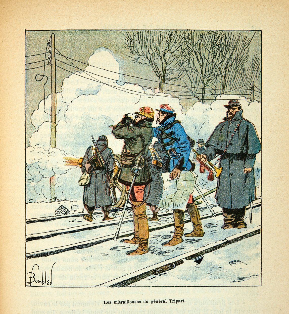 Die Armee der Loire von Eugene Sergent, dit Grenest, illustriert von Louis Bombled (Deutsch-Französischer Krieg; Feldzug von 1870-1871): Die Maschinengewehre von General Tripart von Louis Charles Bombled
