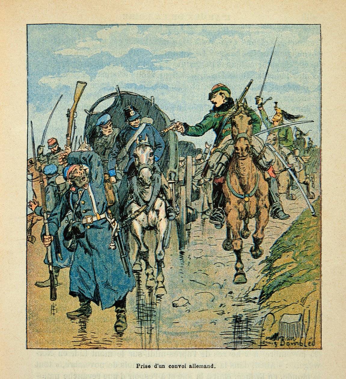 Die Armee der Loire von Eugene Sergent, genannt Grenest, illustriert von Louis Bombled (1862-1927) (Deutsch-Französischer Krieg; Feldzug von 1870-1871): Erbeutung eines deutschen Konvois durch die Franzosen während des Krieges von 1870, Privatbesitz von Louis Charles Bombled