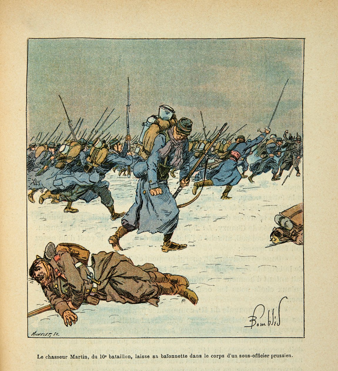 Die Armee der Loire von Eugene Sergent, genannt Grenest, illustriert von Louis Bombled (1862-1927) (Deutsch-Französischer Krieg; Feldzug von 1870-1871): Schlacht von Le Mans, Januar 1871, der Jäger Martin vom 10. Bataillon lässt sein Bajonett im Körper ein von Louis Charles Bombled
