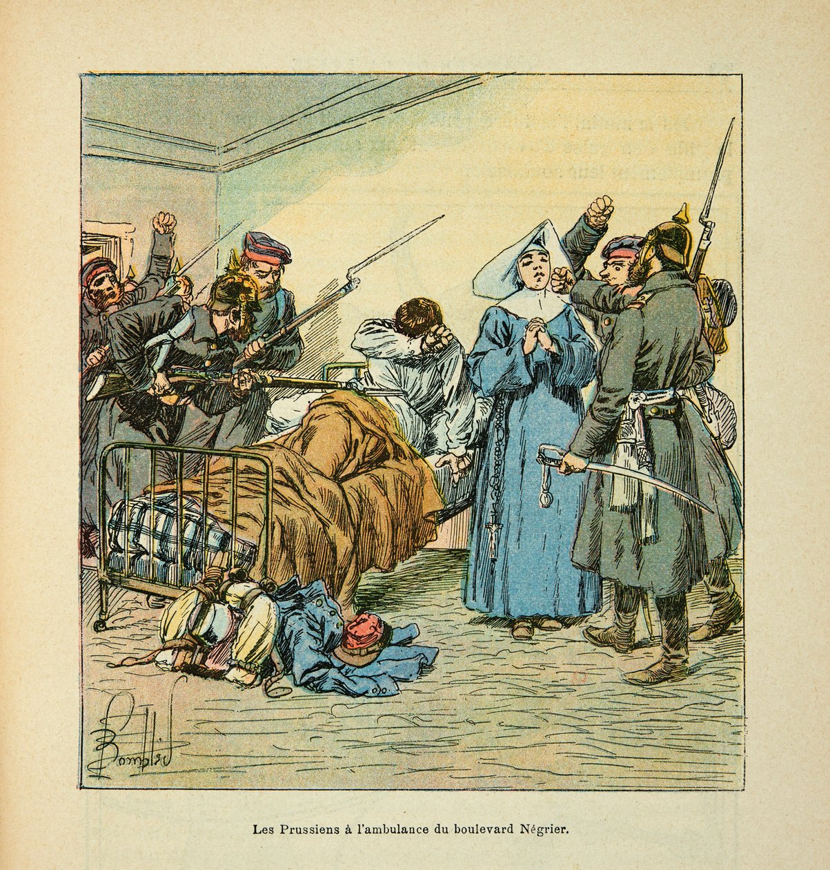 Die Armee der Loire von Eugene Sergent, genannt Grenest, illustriert von Louis Bombled (Französisch-Deutscher Krieg; Feldzug von 1870-1871): Preußen bei der Ambulanz des Boulevard Negrier au Mans im Januar 1871 von Louis Charles Bombled