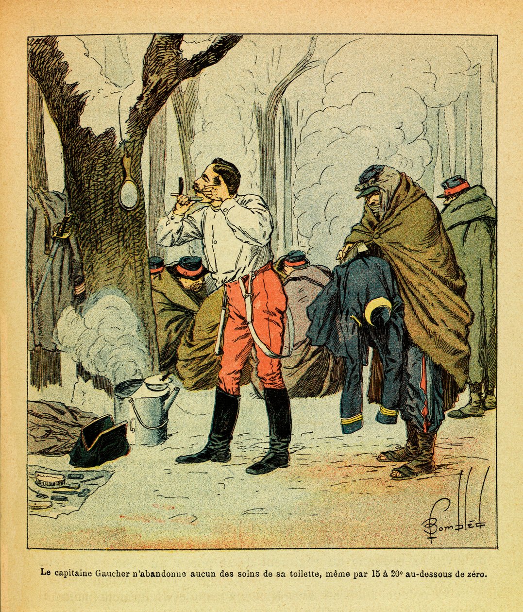 Die östliche Armee von Eugene Sergeant, genannt Grenest, illustriert von Louis Bombled (1862-1927) (Französisch-Deutscher Krieg; Feldzug von 1870-1871): Hauptmann Gaucher gibt selbst im tiefsten Winter keine seiner Pflichten auf, Privatsammlung von Louis Charles Bombled