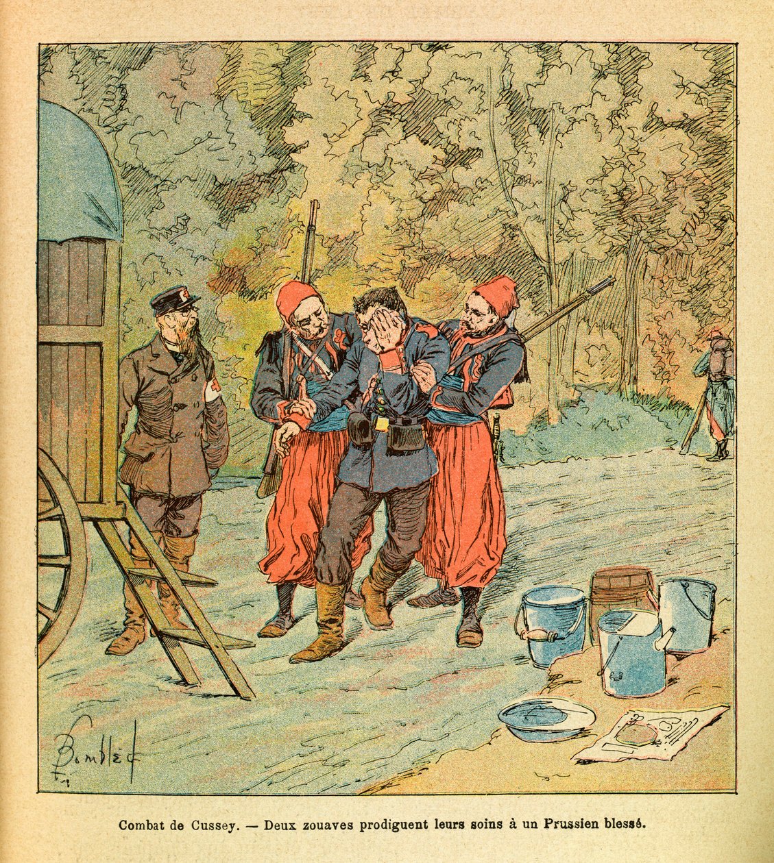 Die Ostarmee von Eugene Sergeant, genannt Grenest, illustriert von Louis Bombled (1862-1927) (Deutsch-Französischer Krieg; Feldzug von 1870-1871): Schlacht von Cussey, Oktober 1870, zwei Zouaven versorgen einen verwundeten Preußen, Sammlung Teilweise von Louis Charles Bombled