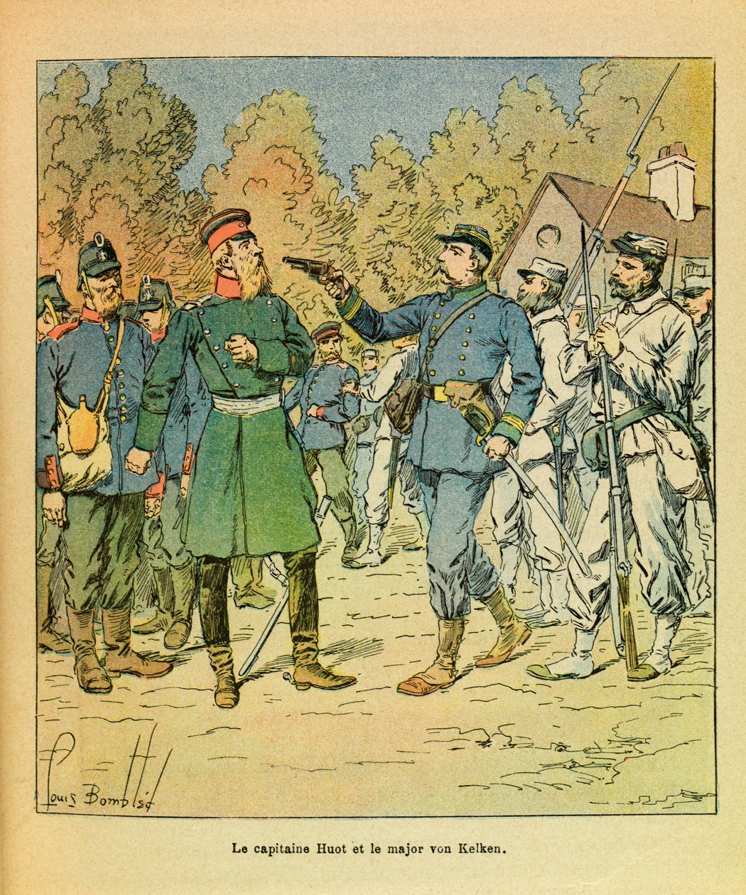 Die östliche Armee von Eugene Sergeant, genannt Grenest, illustriert von Louis Bombled (1862-1927) (Französisch-Deutscher Krieg; Feldzug von 1870-1871): In Franche-Comté, der Hauptmann der Huot-Freischärler ergriff Major Von Kelken während des Angriffs auf von Louis Charles Bombled