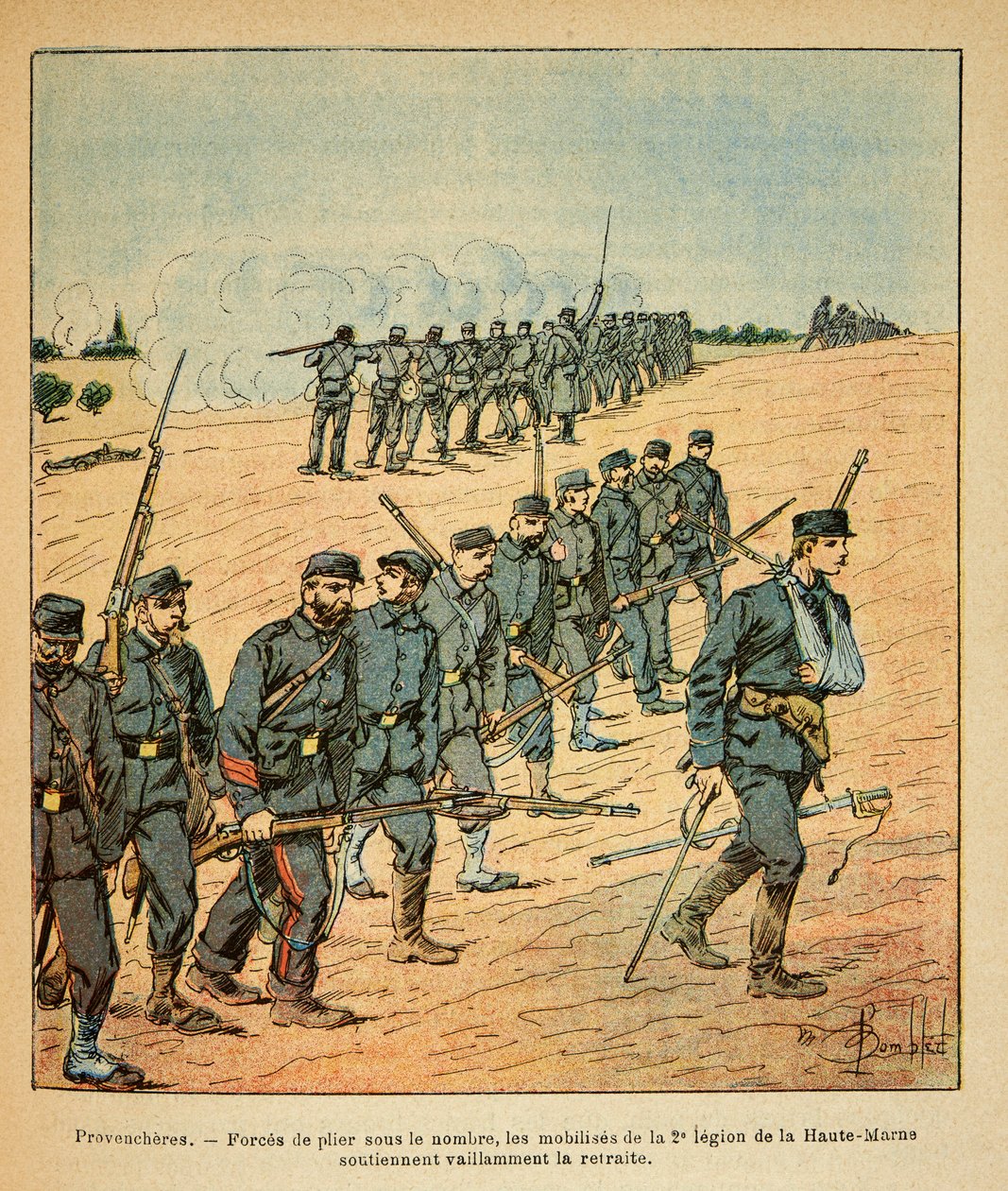 Die östliche Armee von Eugene Sergeant, genannt Grenest, illustriert von Louis Bombled (1862-1927) (Französisch-Deutscher Krieg; Feldzug von 1870-1871): In Provenchères, die Mobilisierten der 2. Legion der Oberen Marne gezwungen, sich unter der Überzahl de von Louis Charles Bombled