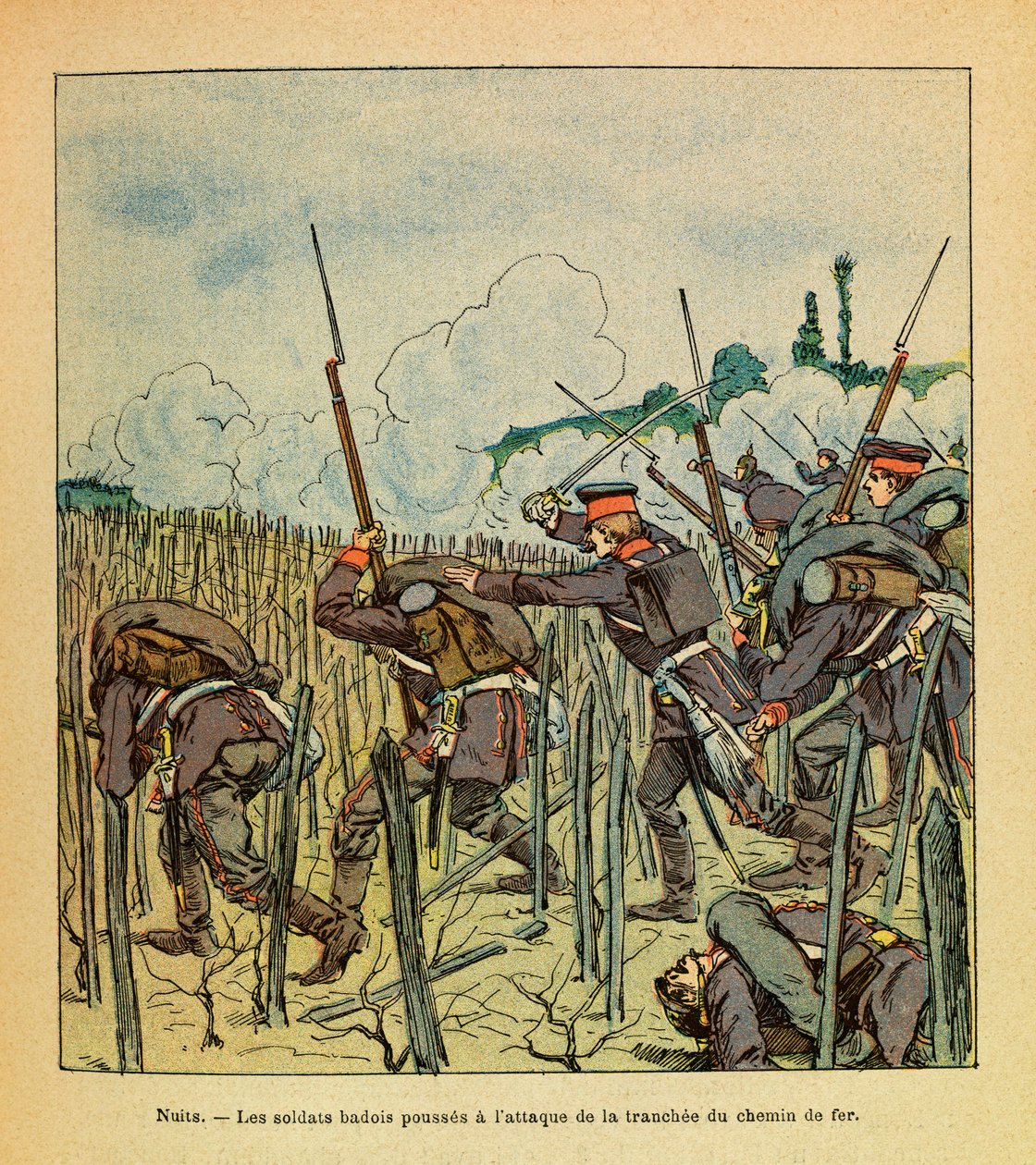 Die östliche Armee von Eugene Sergeant, genannt Grenest, illustriert von Louis Bombled (1862-1927) (Französisch-Deutscher Krieg; Feldzug von 1870-1871): Schlacht von Nuits-Saint-Georges; Badische Soldaten griffen im Dezember 1870 den Abschnitt der Eisenbah von Louis Charles Bombled