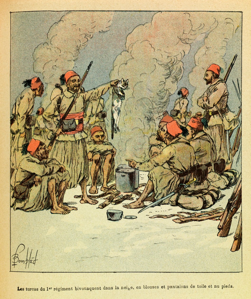 Die östliche Armee: Januar 1871, die Turcos des 1. Regiments biwakieren im Schnee, in Blusen und Hosen aus Segeltuch und barfuß von Louis Charles Bombled