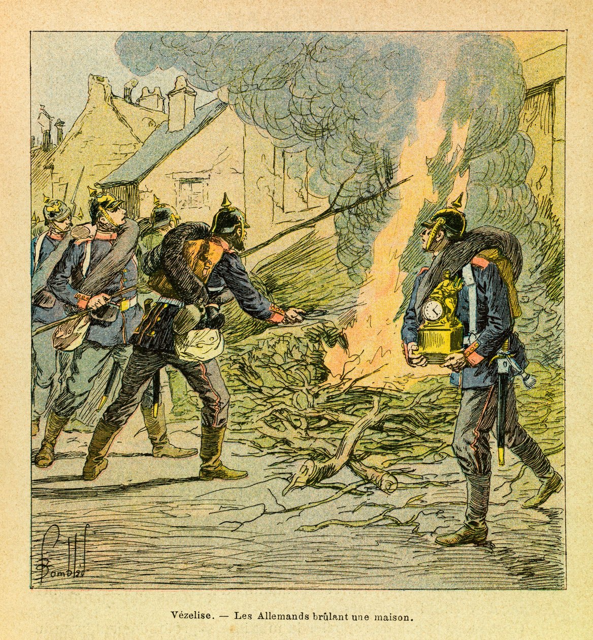 Die östliche Armee: In Vezelise, die Preußen brennen nach der Invasion der Stadt ein Haus nieder von Louis Charles Bombled