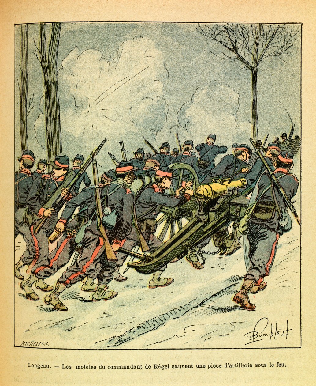 Die östliche Armee von Eugene Sergeant, genannt Grenest, illustriert von Louis Bombled (1862-1927) (Deutsch-Französischer Krieg; Feldzug von 1870-1871): Dezember 1870, während der Schlacht von Longeau retteten die Motive des Kommandanten von Regel eine Kan von Louis Charles Bombled