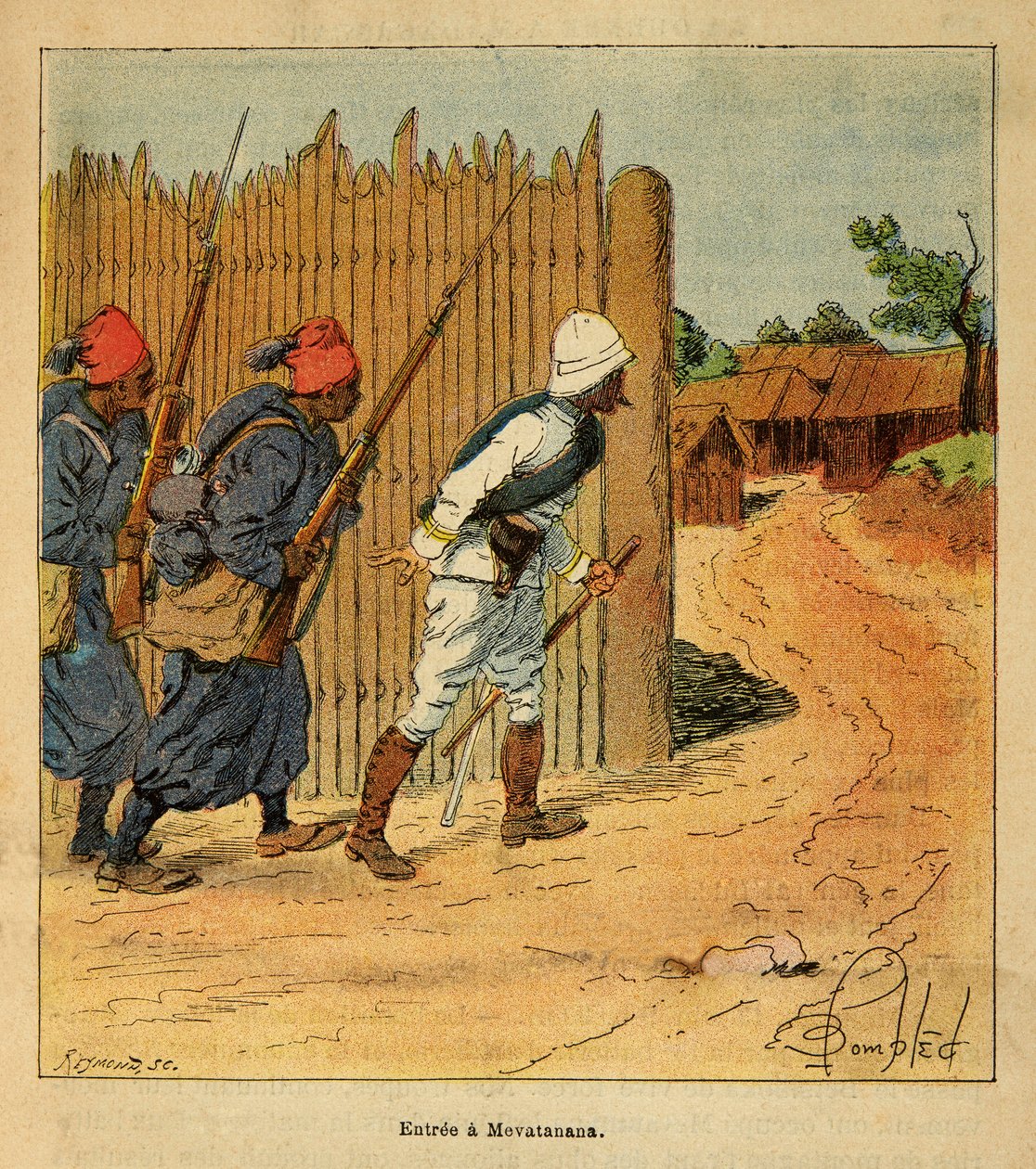 Der Krieg in Madagaskar - Anekdotische Geschichte der französischen Expeditionen von 1885-1895 von Henri Galli dit Galllichet (1854-1922), illustriert von Louis Bombled (1862-1927): Französische Truppen betraten das Dorf Mevatanana im Jahr 1895, Private Sa von Louis Charles Bombled