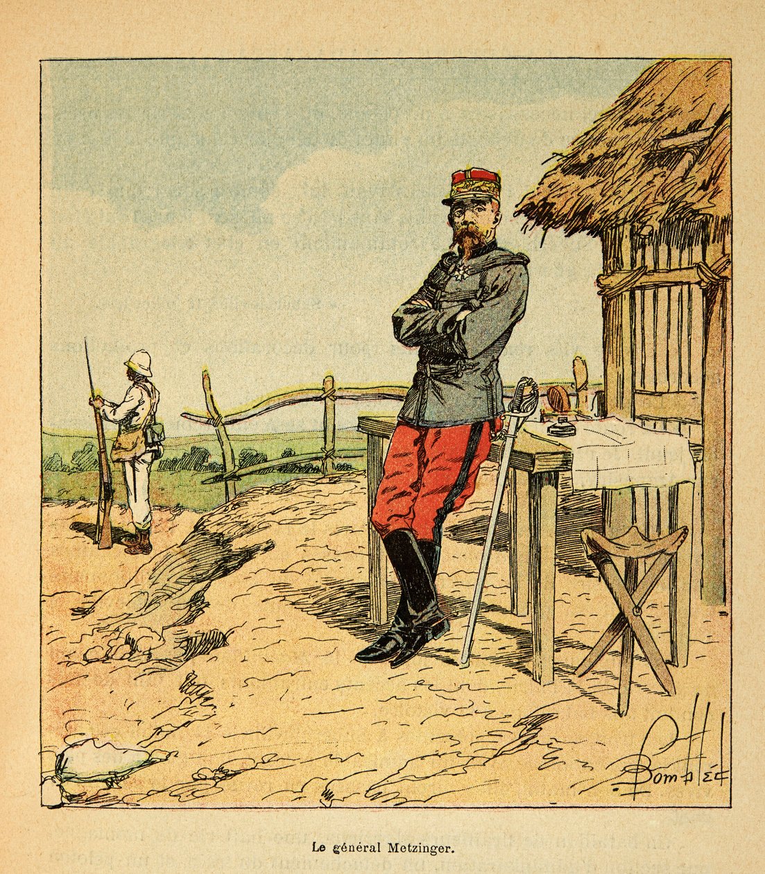 Der Krieg in Madagaskar - Anekdotische Geschichte der französischen Expeditionen von 1885-1895 von Henri Galli dit Galllichet, illustriert von Louis Bombled: Porträt von General Metzinger in Madagaskar im Jahr 1895 von Louis Charles Bombled