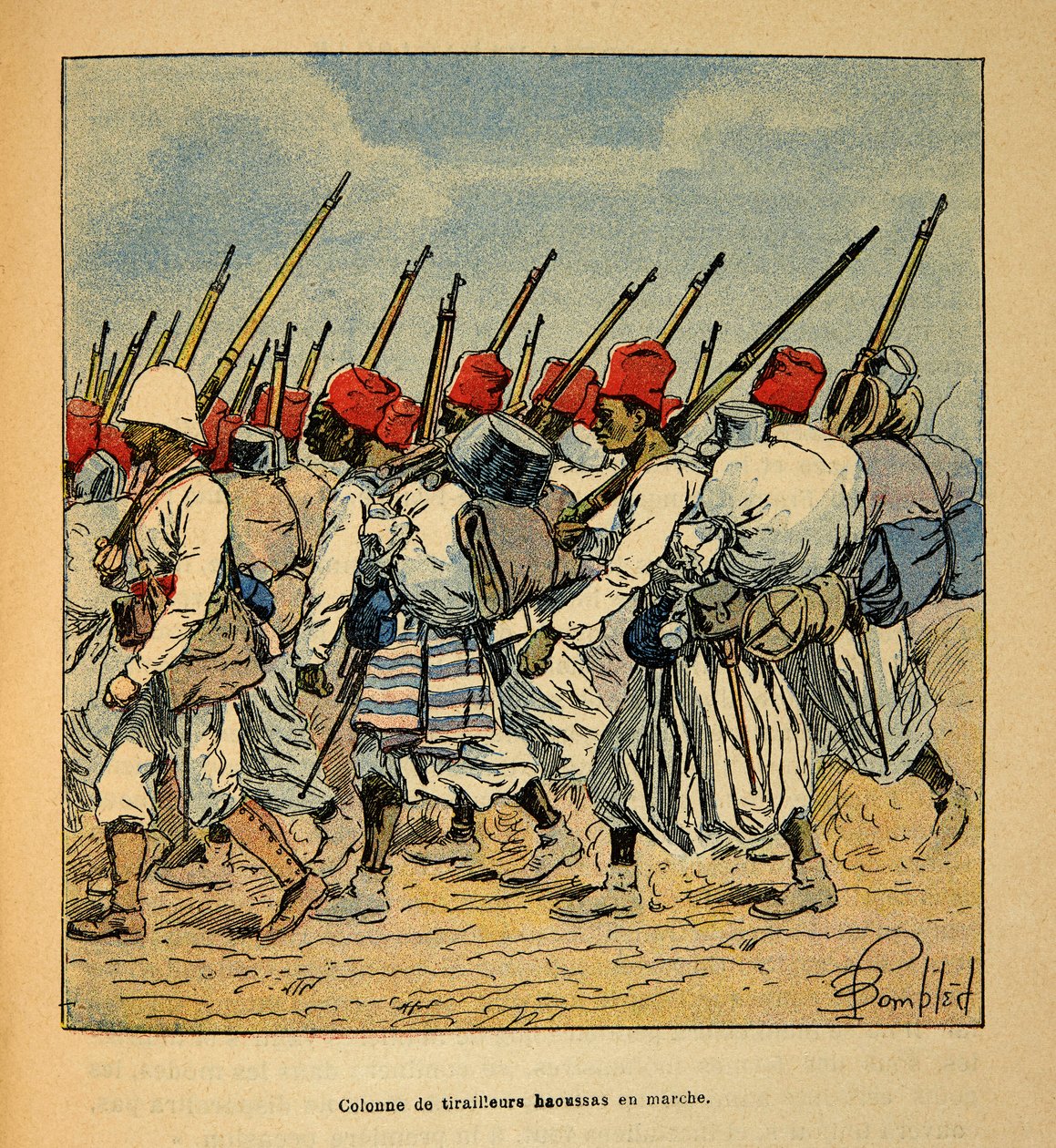 Der Krieg in Madagaskar - Anekdotische Geschichte der französischen Expeditionen von 1885-1895 von Henri Galli, illustriert von Louis Bombled: Kolonne der Haussa-Tirailleurs marschiert 1895 von Louis Charles Bombled