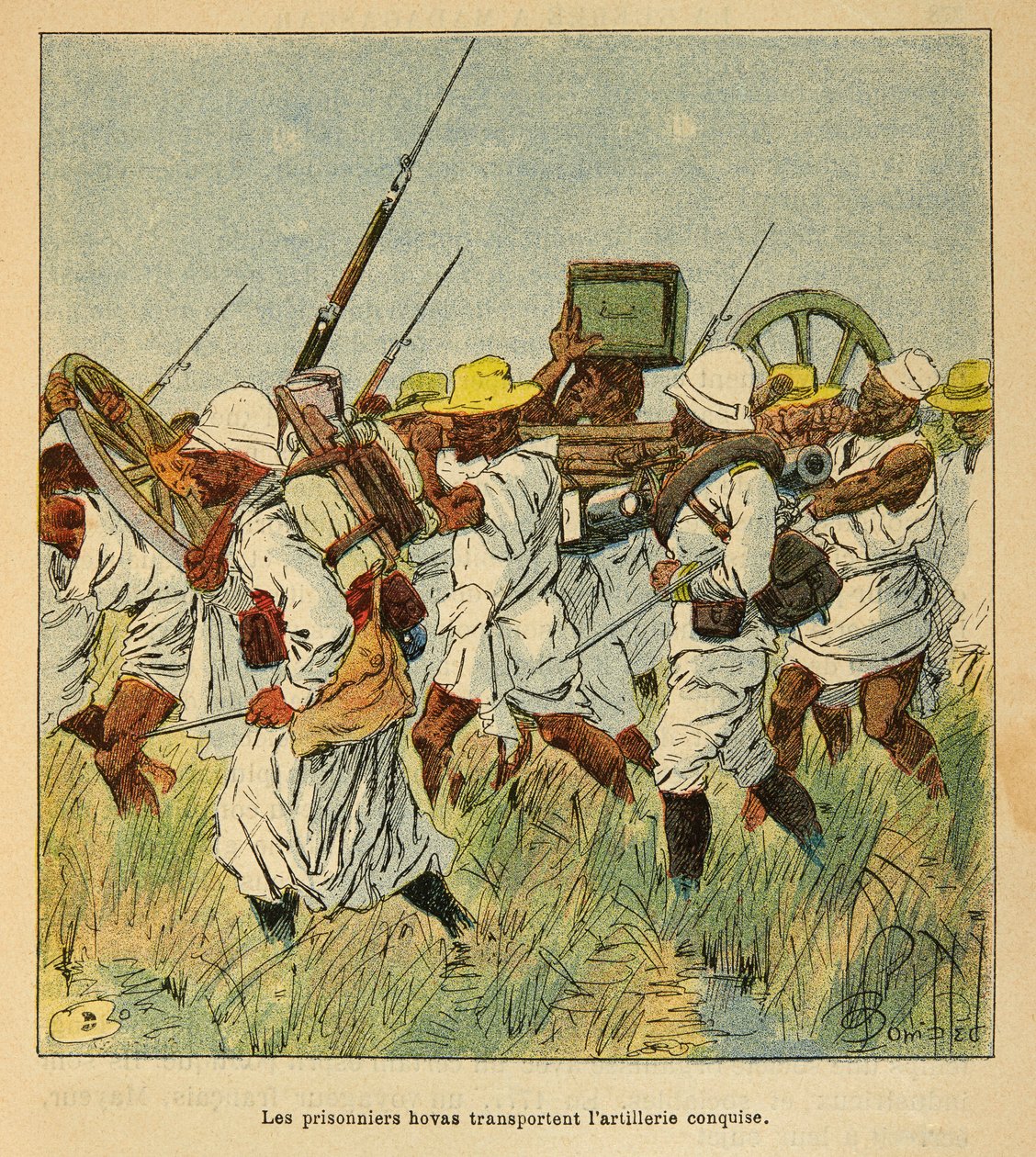 Der Krieg in Madagaskar - Anekdotische Geschichte der französischen Expeditionen von 1885-1895 von Henri Galli, illustriert von Louis Bombled: Gefangene Hovas transportieren Artillerieteile von Louis Charles Bombled