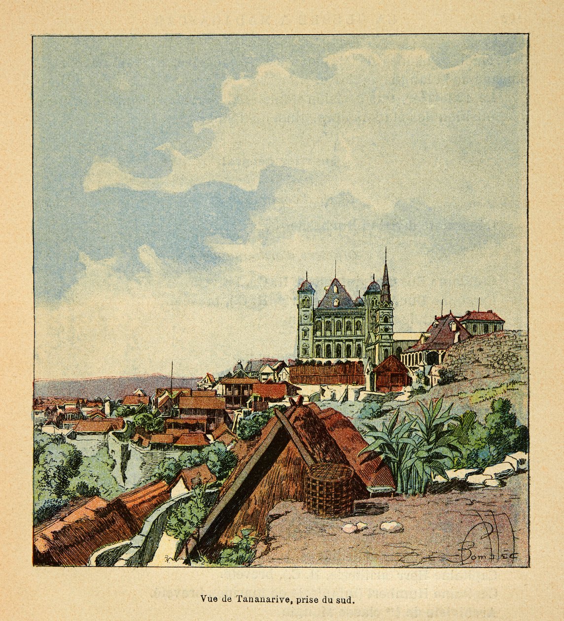 Der Krieg in Madagaskar: Anekdotische Geschichte der französischen Expeditionen von 1885-1895, illustriert von Louis Bombled: Ansicht von Tananarive aus dem Süden im 19. Jahrhundert, Privatsammlung von Louis Charles Bombled