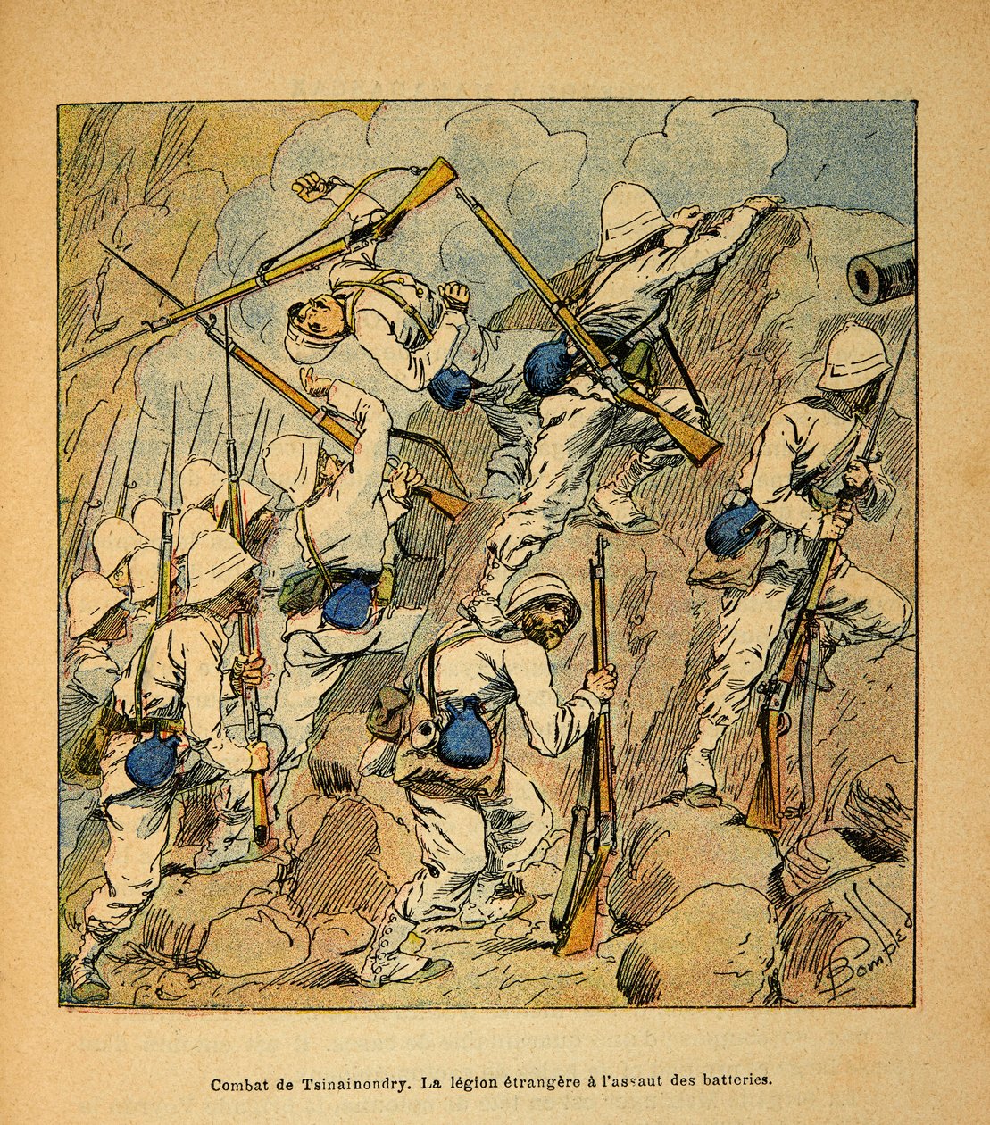 Der Krieg in Madagaskar - Anekdotische Geschichte der französischen Expeditionen von 1885-1895: Schlacht von Tsinainondry, die Fremdenlegion beim Angriff auf die Hovas-Batterien 1895 von Louis Charles Bombled
