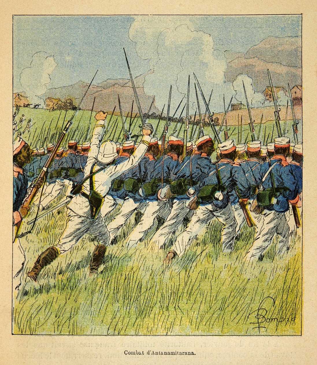 Der Krieg in Madagaskar - Anekdotische Geschichte der französischen Expeditionen von 1885-1895 von Henri Galli dit Galllichet, illustriert von Louis Bombled: Französische Truppen während der Schlachten von Antanamitarana 1895 von Louis Charles Bombled