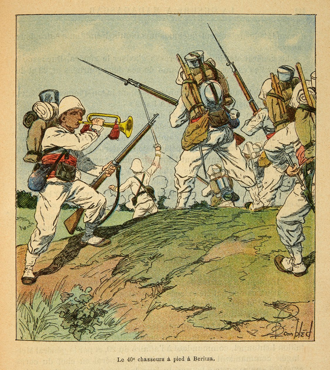 Der Krieg in Madagaskar - Anekdotische Geschichte der französischen Expeditionen von 1885-1895 von Henri Galli dit Galllichet (1854-1922), illustriert von Louis Bombled (1862-1927): Die 40. Fußjäger während der Kämpfe in Beritza im Jahr 1895, Privatbesitz von Louis Charles Bombled