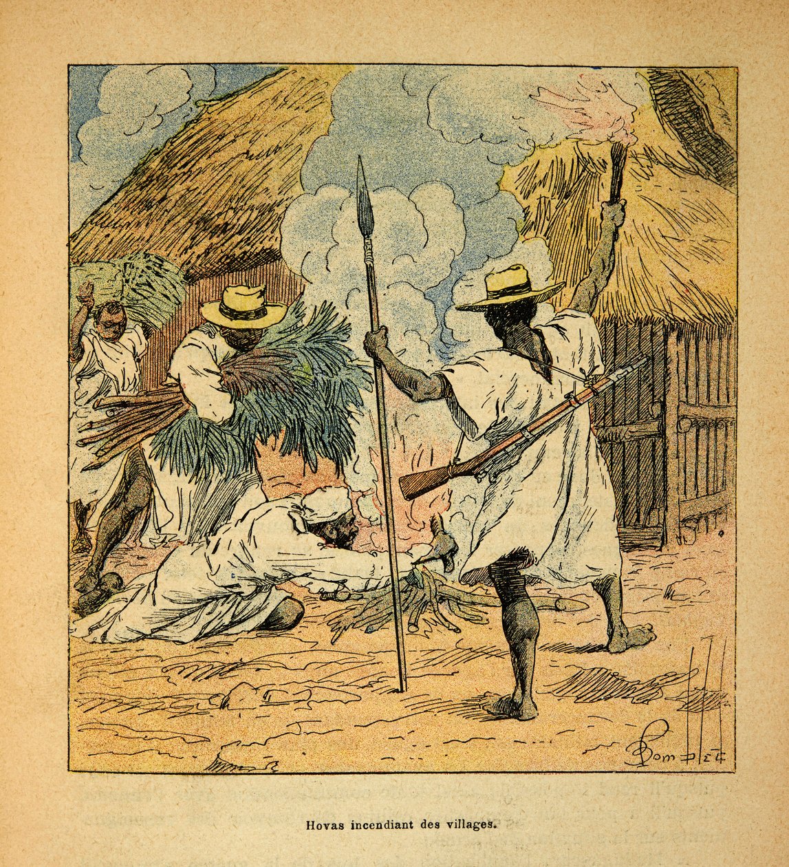 Der Krieg in Madagaskar - Anekdotische Geschichte der französischen Expeditionen von 1885-1895 von Henri Galli, illustriert von Louis Bombled: Hovas brennen Dörfer nieder von Louis Charles Bombled